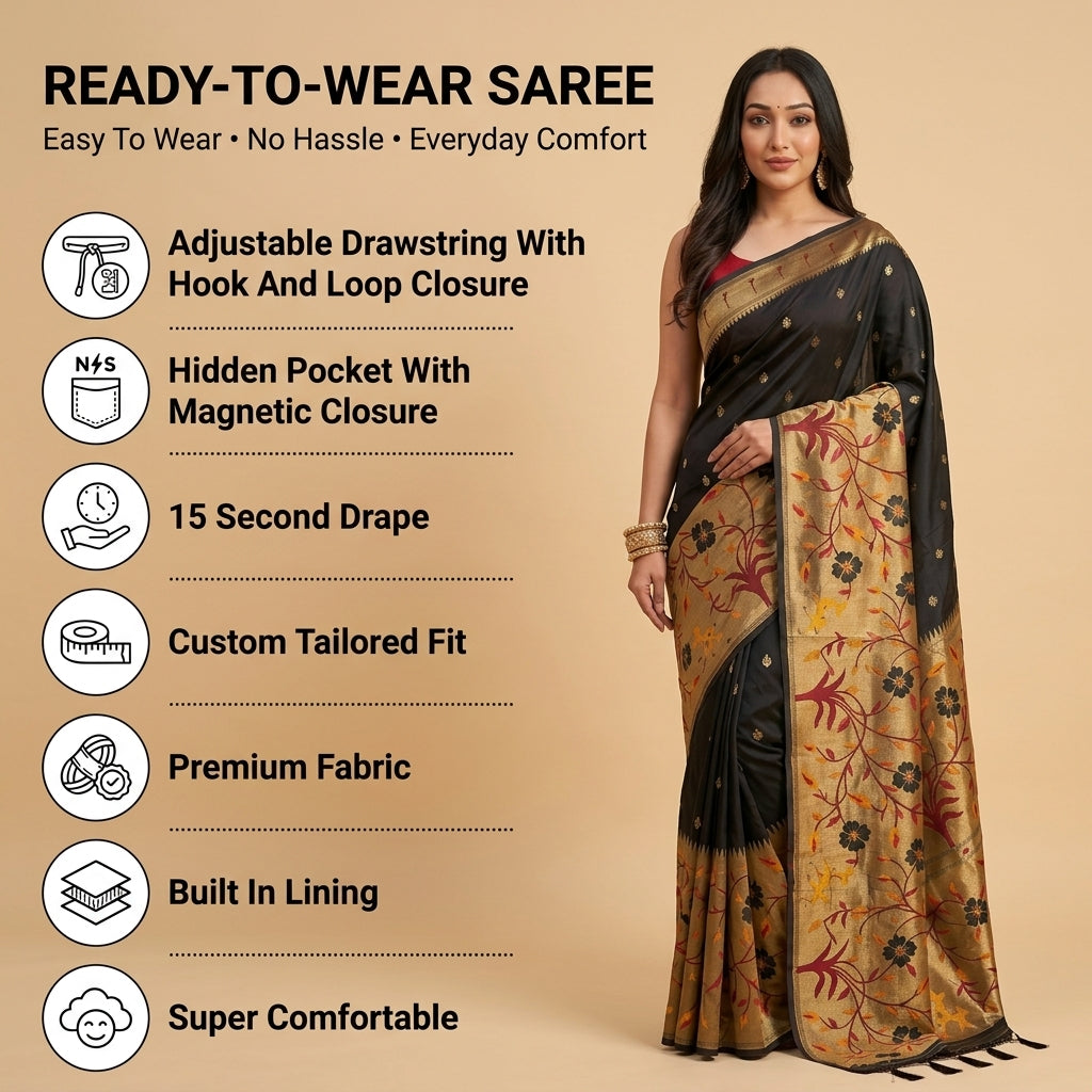 Shubh Shringar (Black) Powerloom Paithani Silk Ready To Wear Pocket Saree