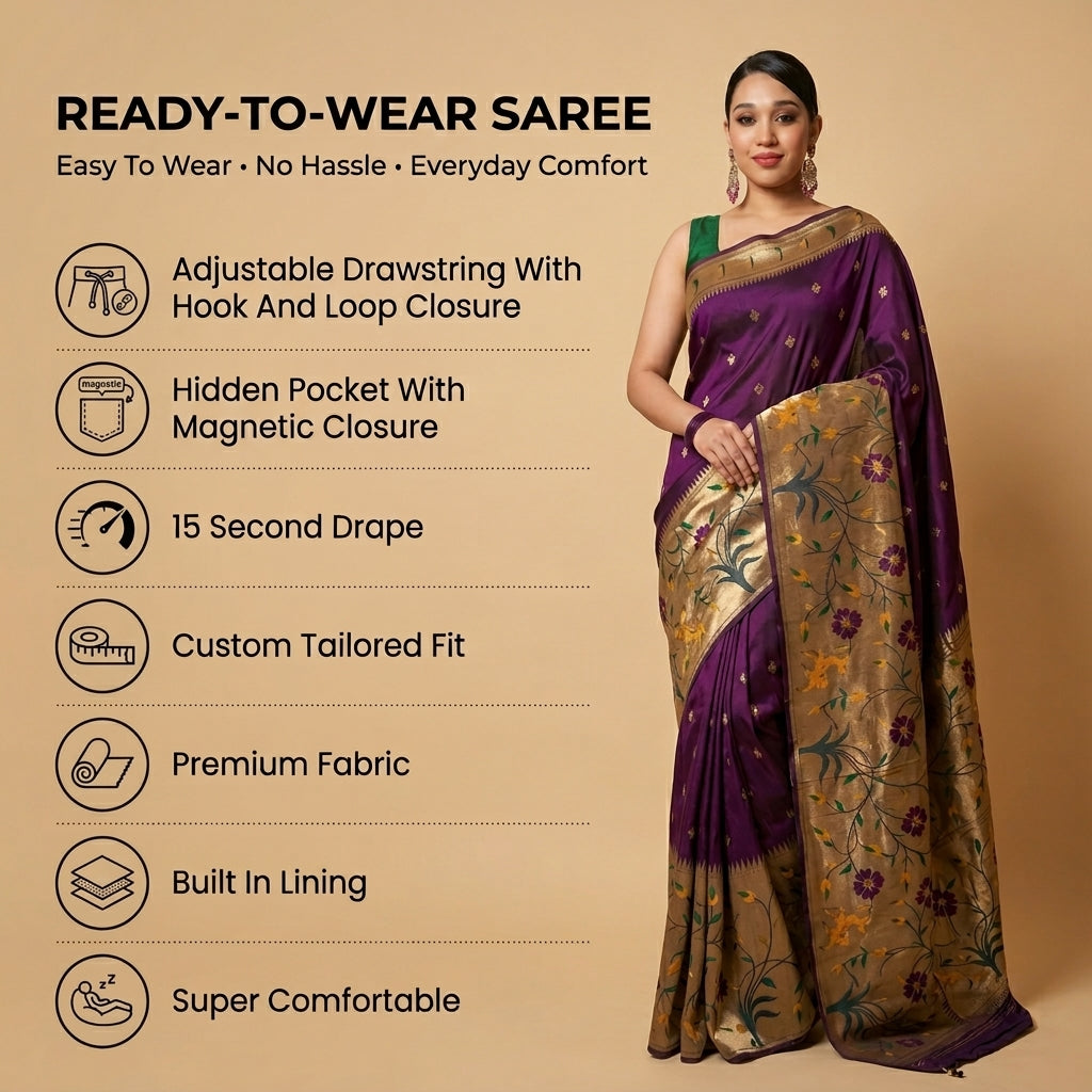 Shubh Shringar (Purple) Powerloom Paithani Silk Ready To Wear Pocket Saree