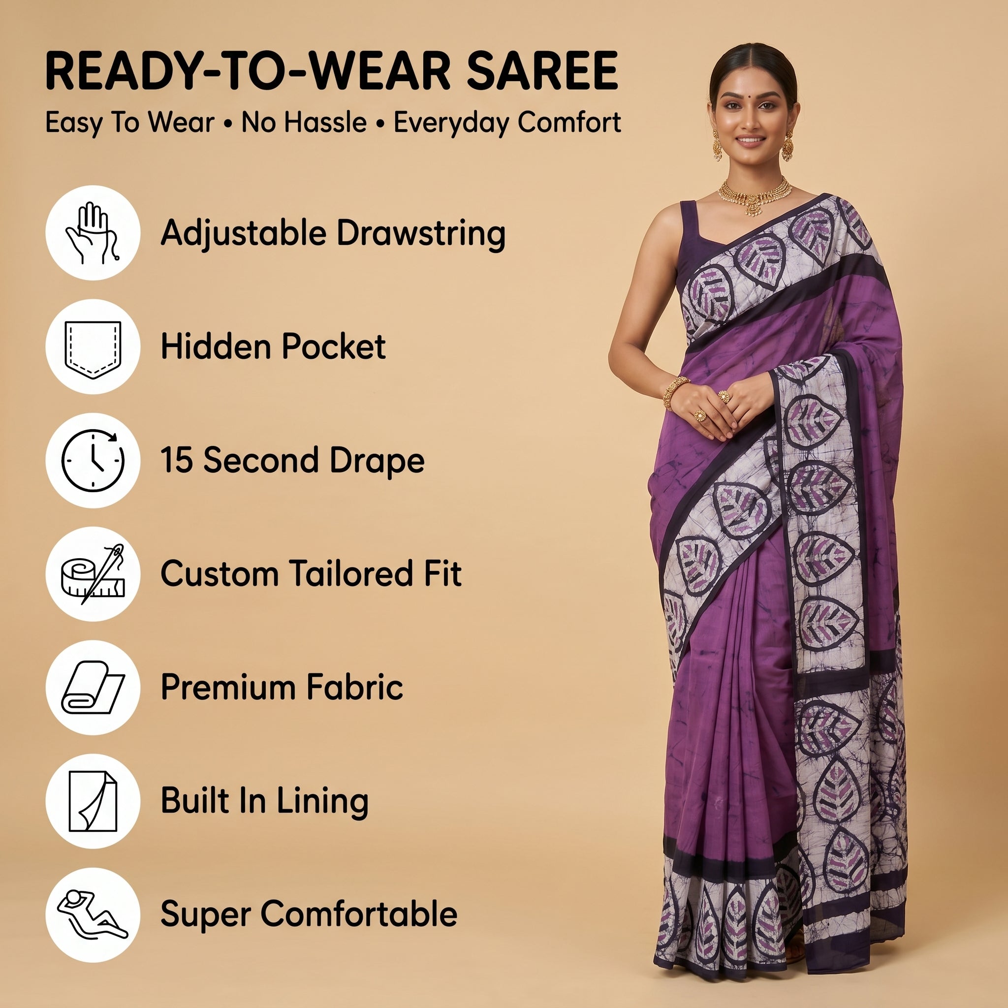 Leaf Mauve Mul Cotton Ready-To-Wear Pocket Saree