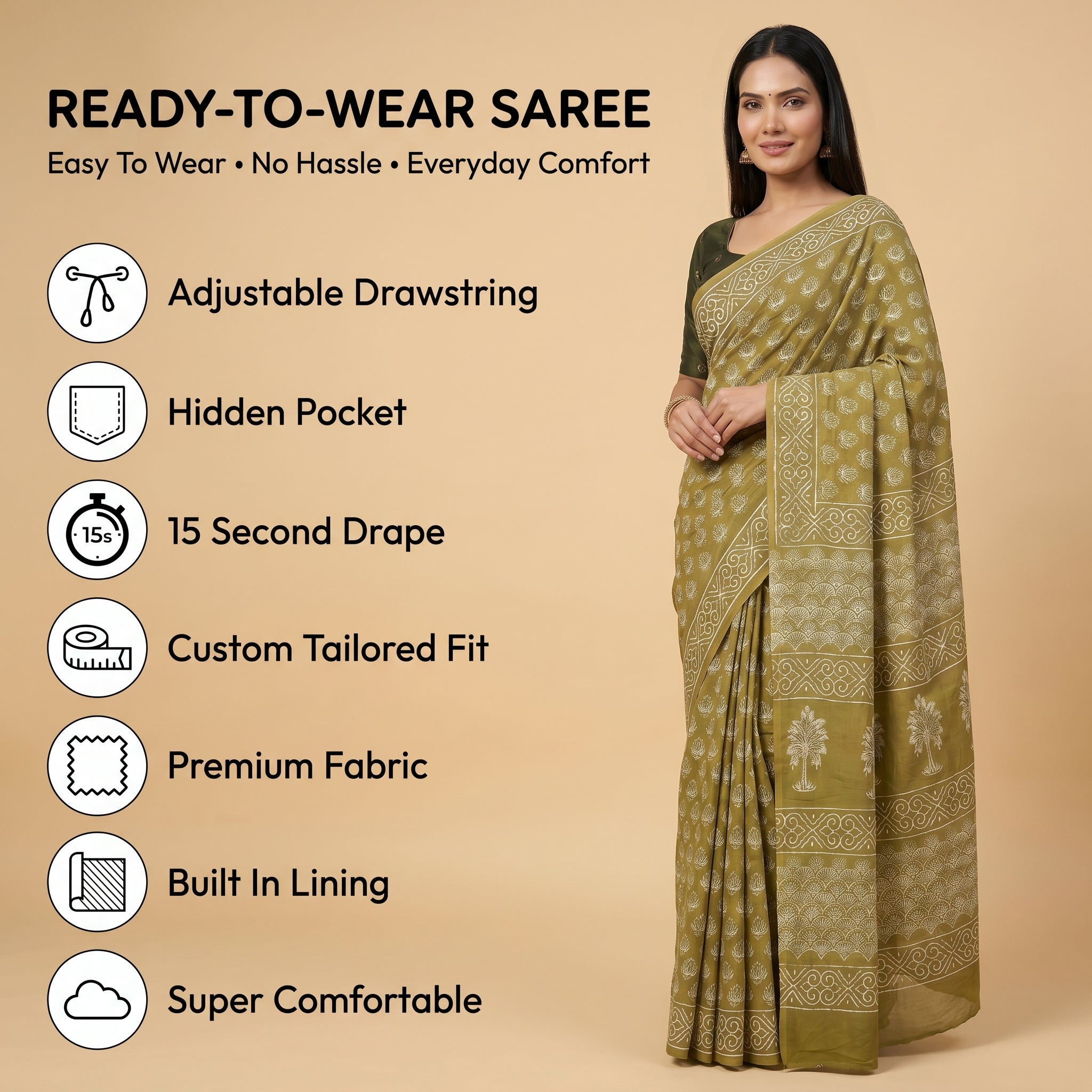 Mehandi Mood Mul Cotton Ready-To-Wear Pocket Saree