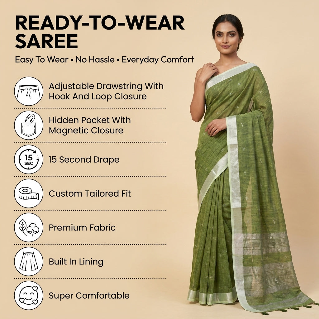 Drapedew Linen Cotton Ready To Wear Pocket Saree | Green