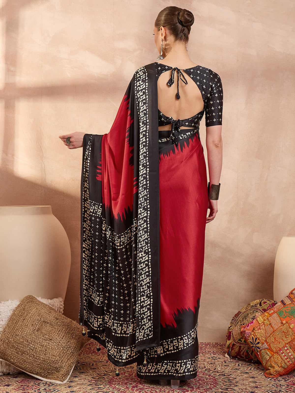 Saanjh Semi Modal Ready To Wear Pocket Saree | Red