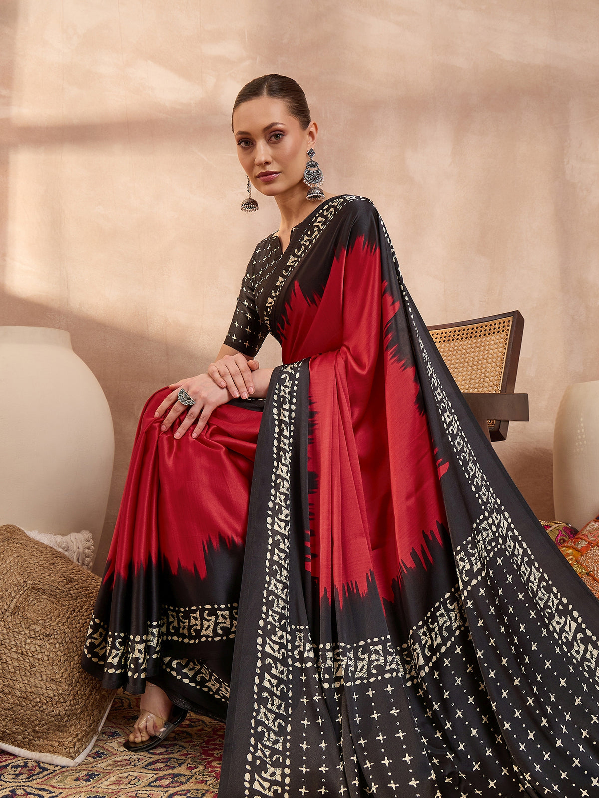 Saanjh Semi Modal Ready To Wear Pocket Saree | Red
