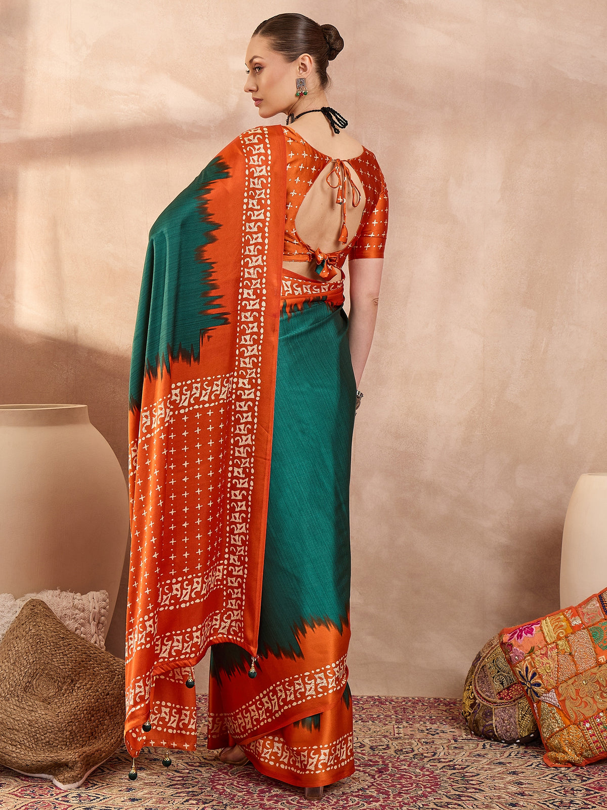 Saanjh Semi Modal Ready To Wear Pocket Saree | Green