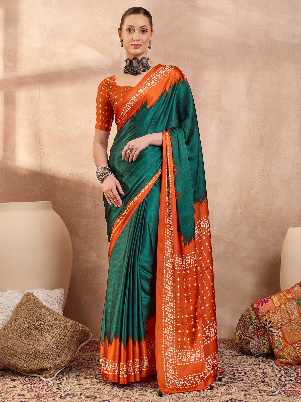 Saanjh Semi Modal Ready To Wear Pocket Saree | Green