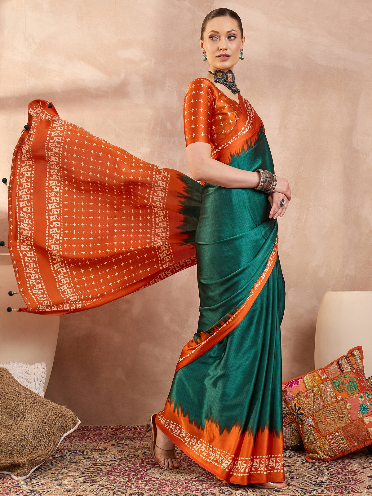Saanjh Semi Modal Ready To Wear Pocket Saree | Green
