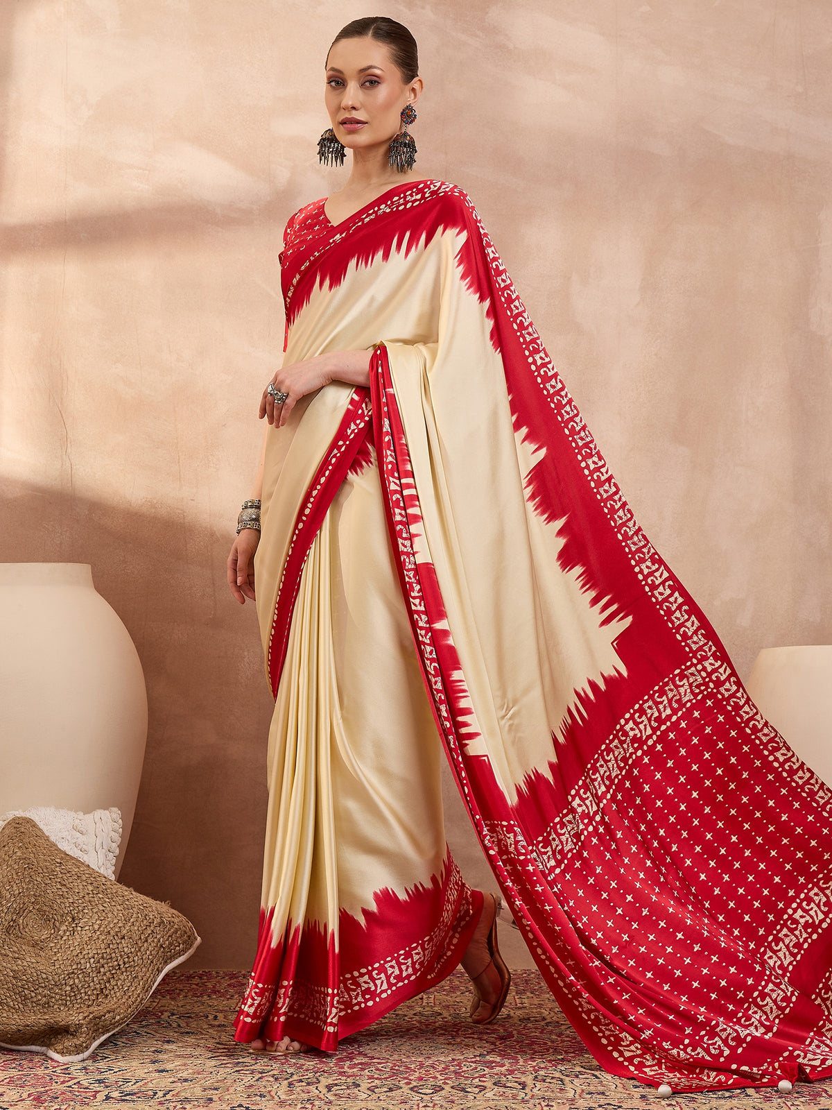 Saanjh Semi Modal Ready To Wear Pocket Saree | Cream
