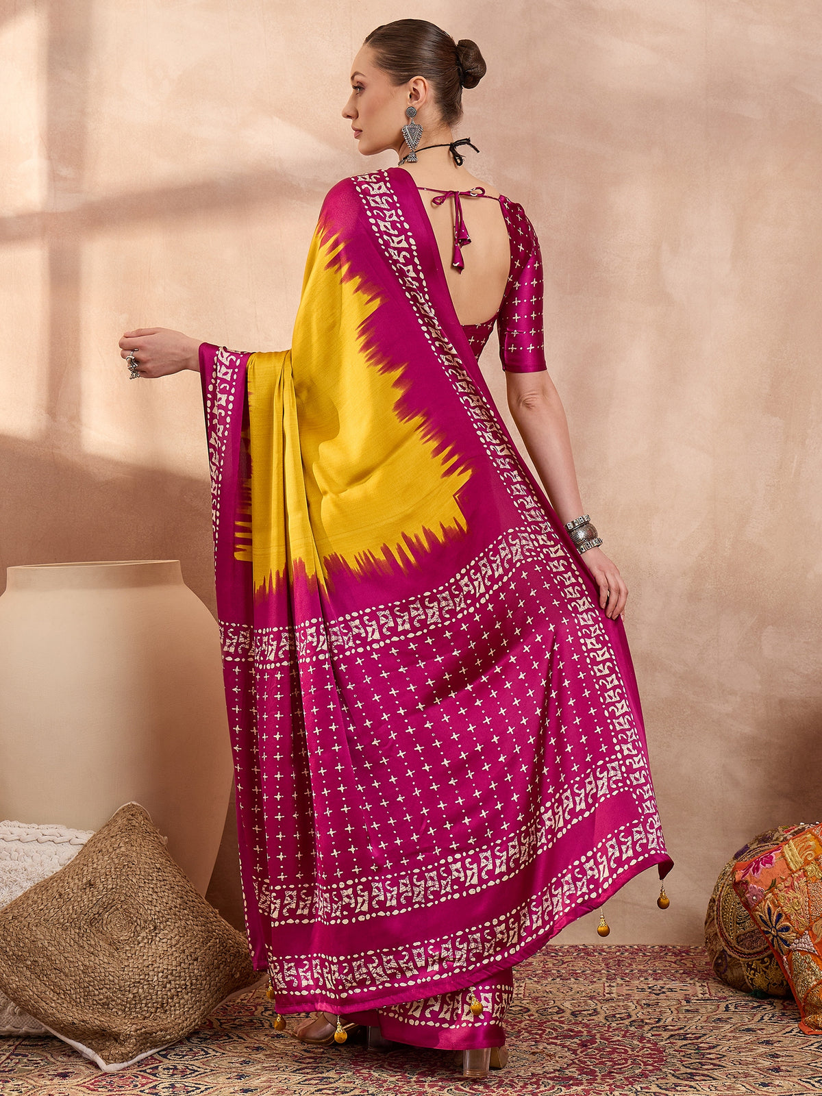 Saanjh Semi Modal Ready To Wear Pocket Saree | Yellow