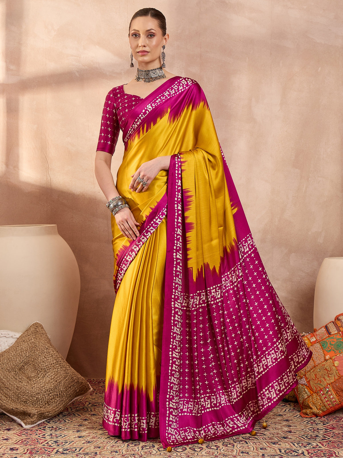 Saanjh Semi Modal Ready To Wear Pocket Saree | Yellow