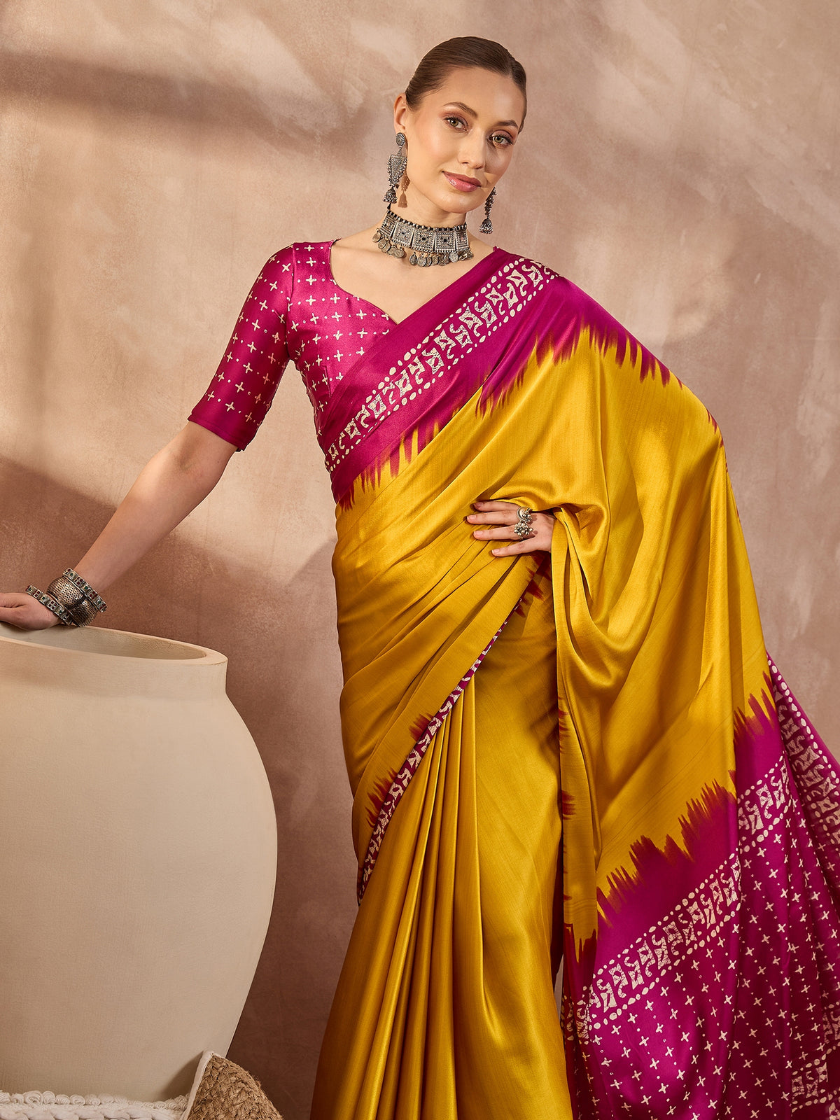 Saanjh Semi Modal Ready To Wear Pocket Saree | Yellow