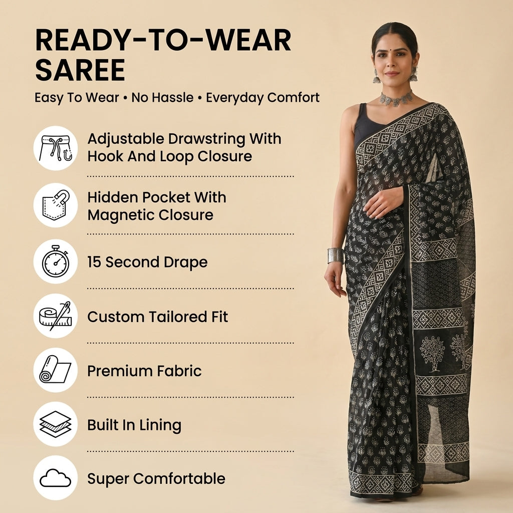 Black Veil Mul Cotton Ready To Wear Pocket Saree