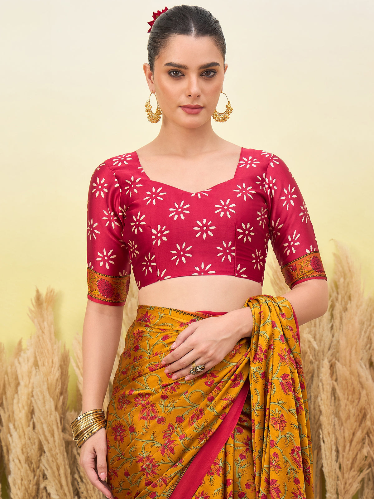 Flora Semi Modal Ready To Wear Pocket Saree | Yellow & Red