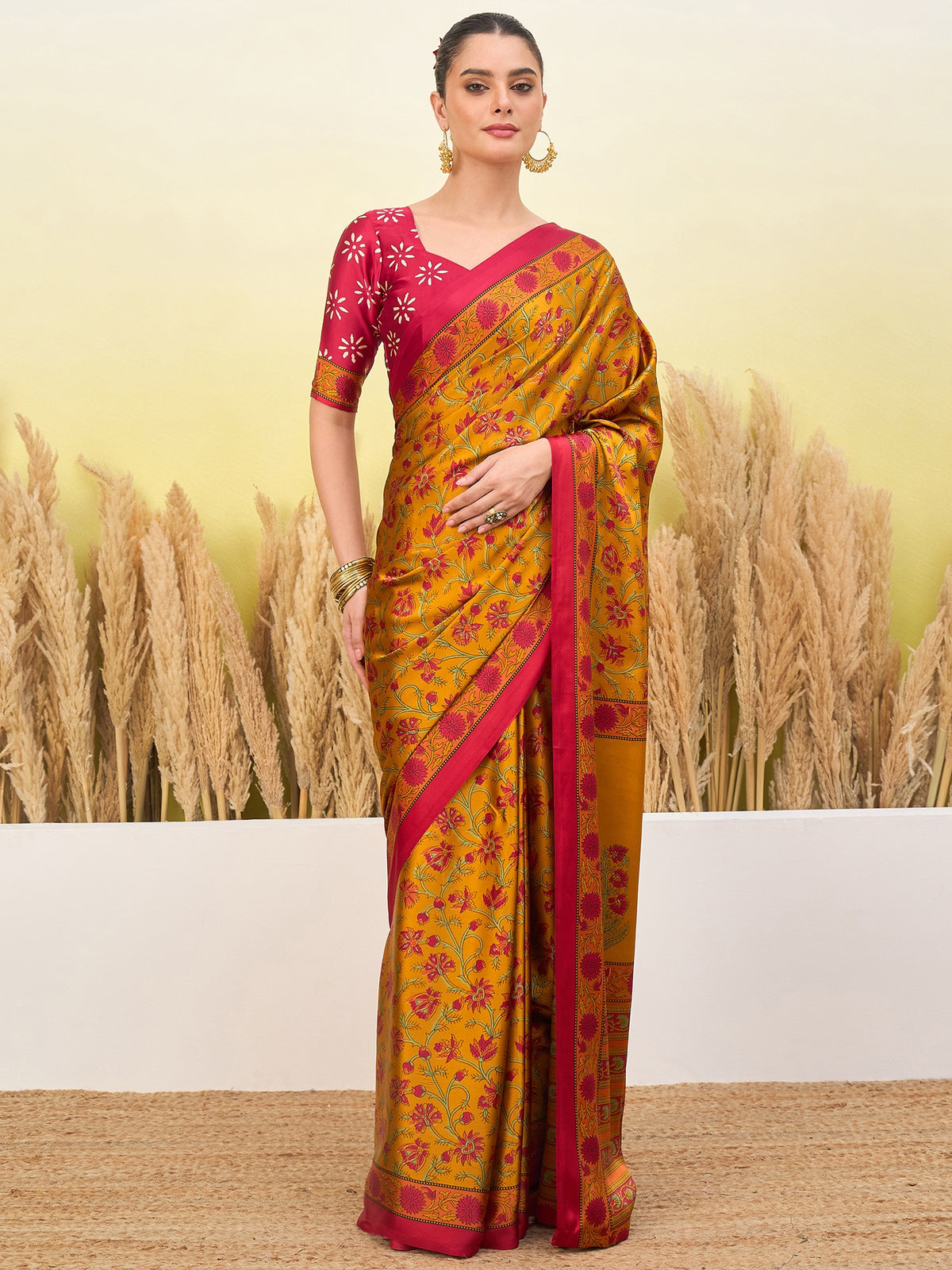Flora Semi Modal Ready To Wear Pocket Saree | Yellow & Red