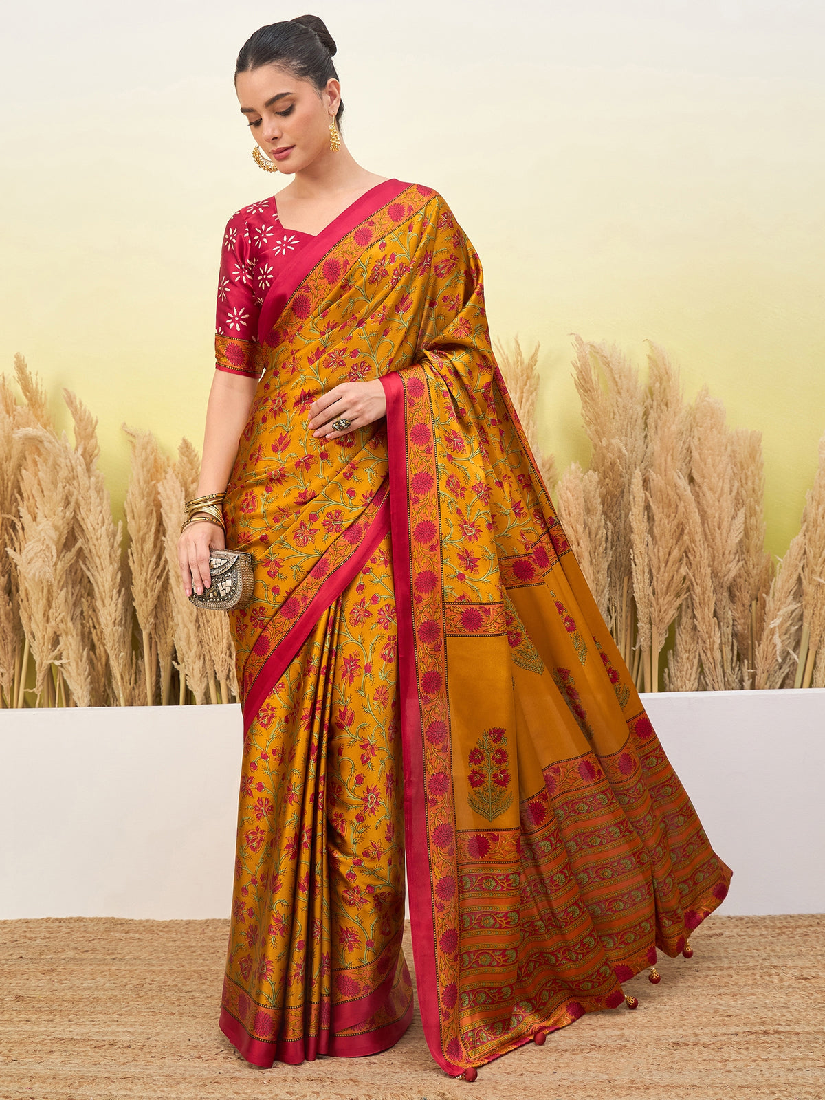 Flora Semi Modal Ready To Wear Pocket Saree | Yellow & Red