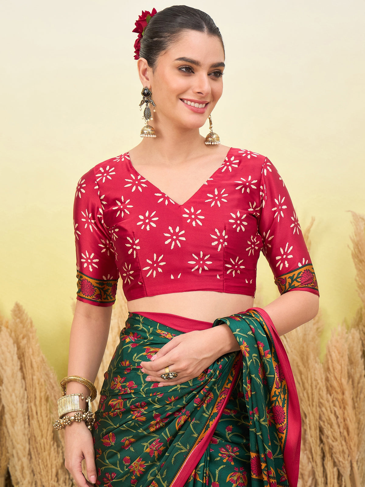 Flora Semi Modal Ready To Wear Pocket Saree | Green