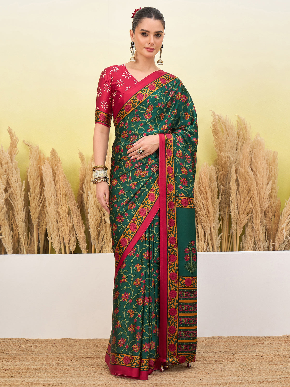 Flora Semi Modal Ready To Wear Pocket Saree | Green