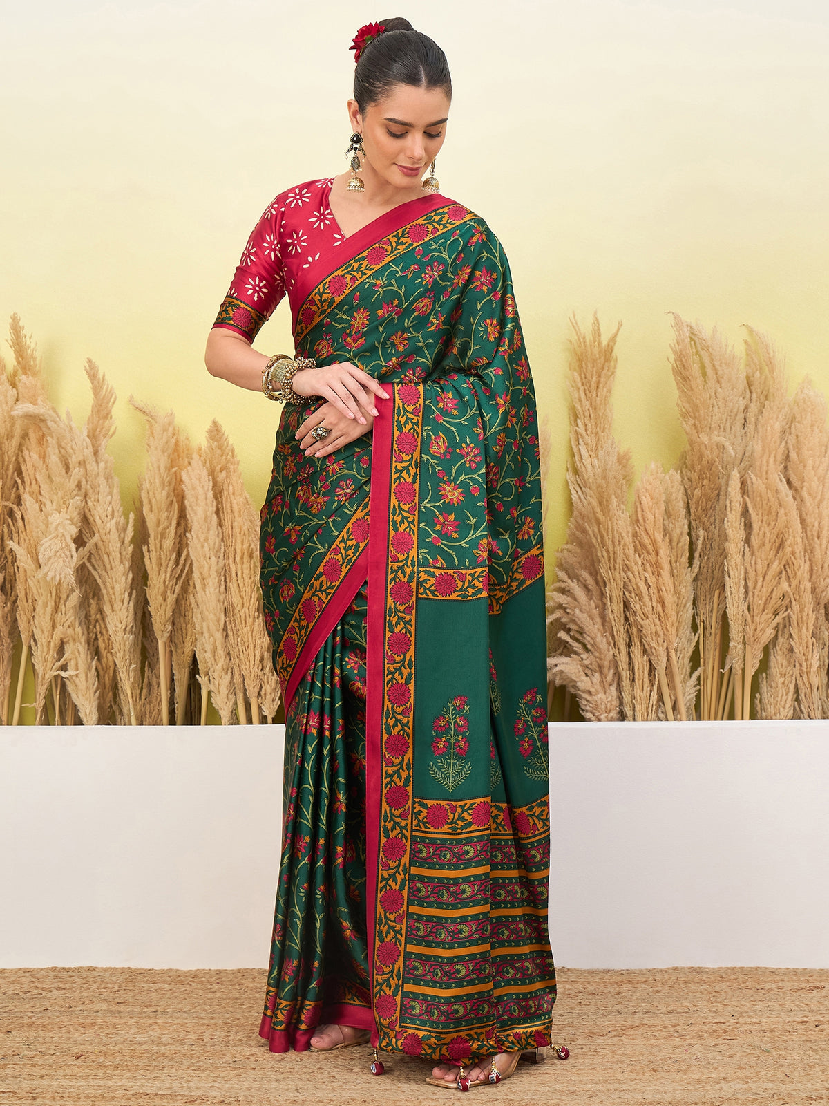 Flora Semi Modal Ready To Wear Pocket Saree | Green