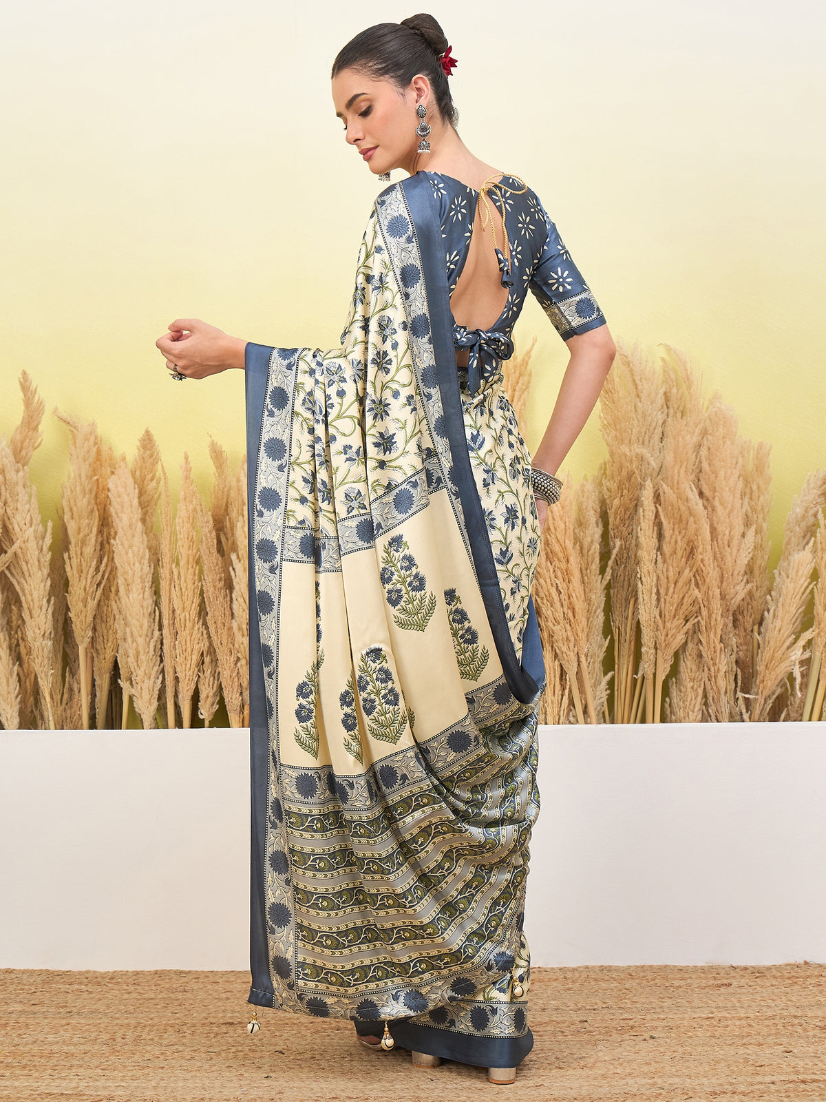 Flora Semi Modal Ready To Wear Pocket Saree | Blue & Cream