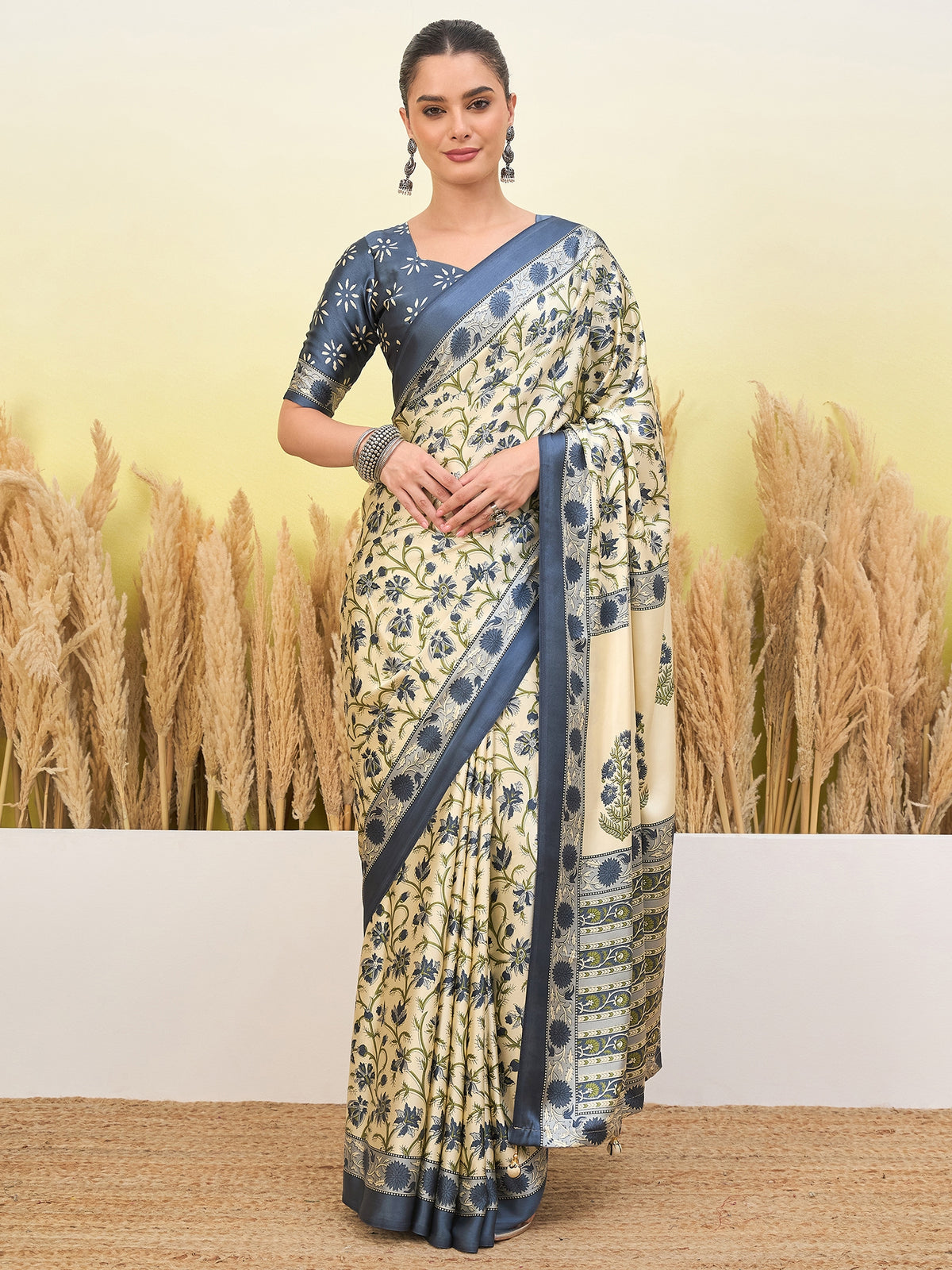 Flora Semi Modal Ready To Wear Pocket Saree | Blue & Cream