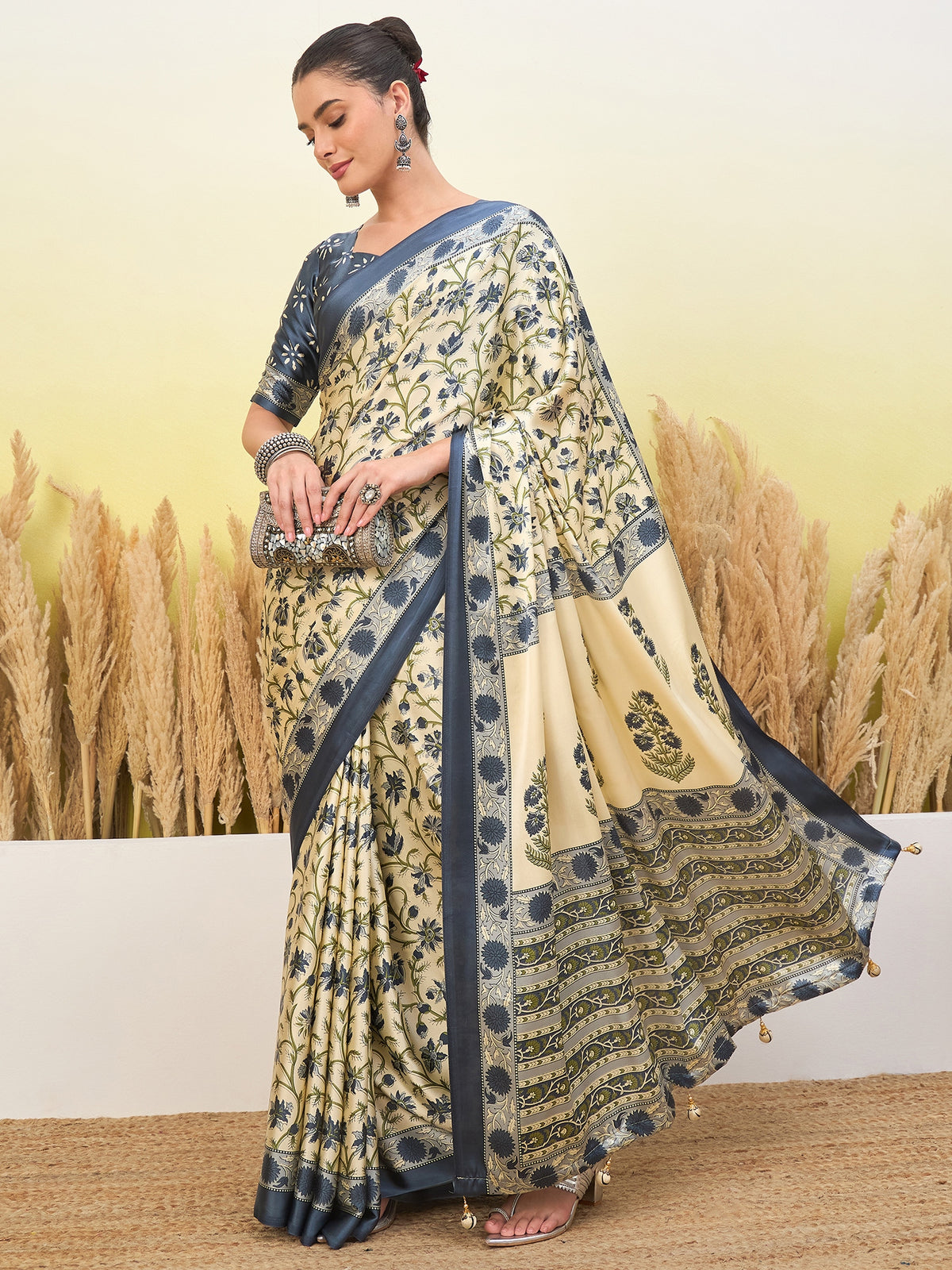 Flora Semi Modal Ready To Wear Pocket Saree | Blue & Cream