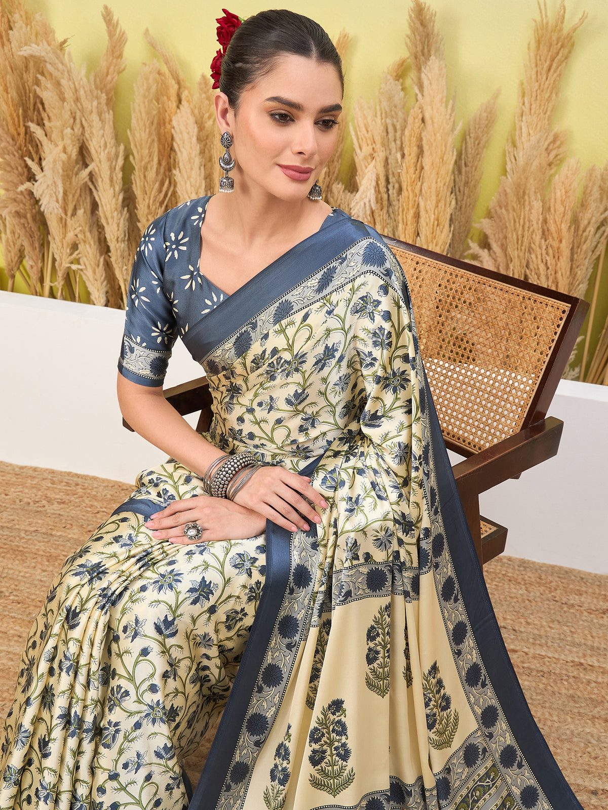 Flora Semi Modal Ready To Wear Pocket Saree | Blue & Cream