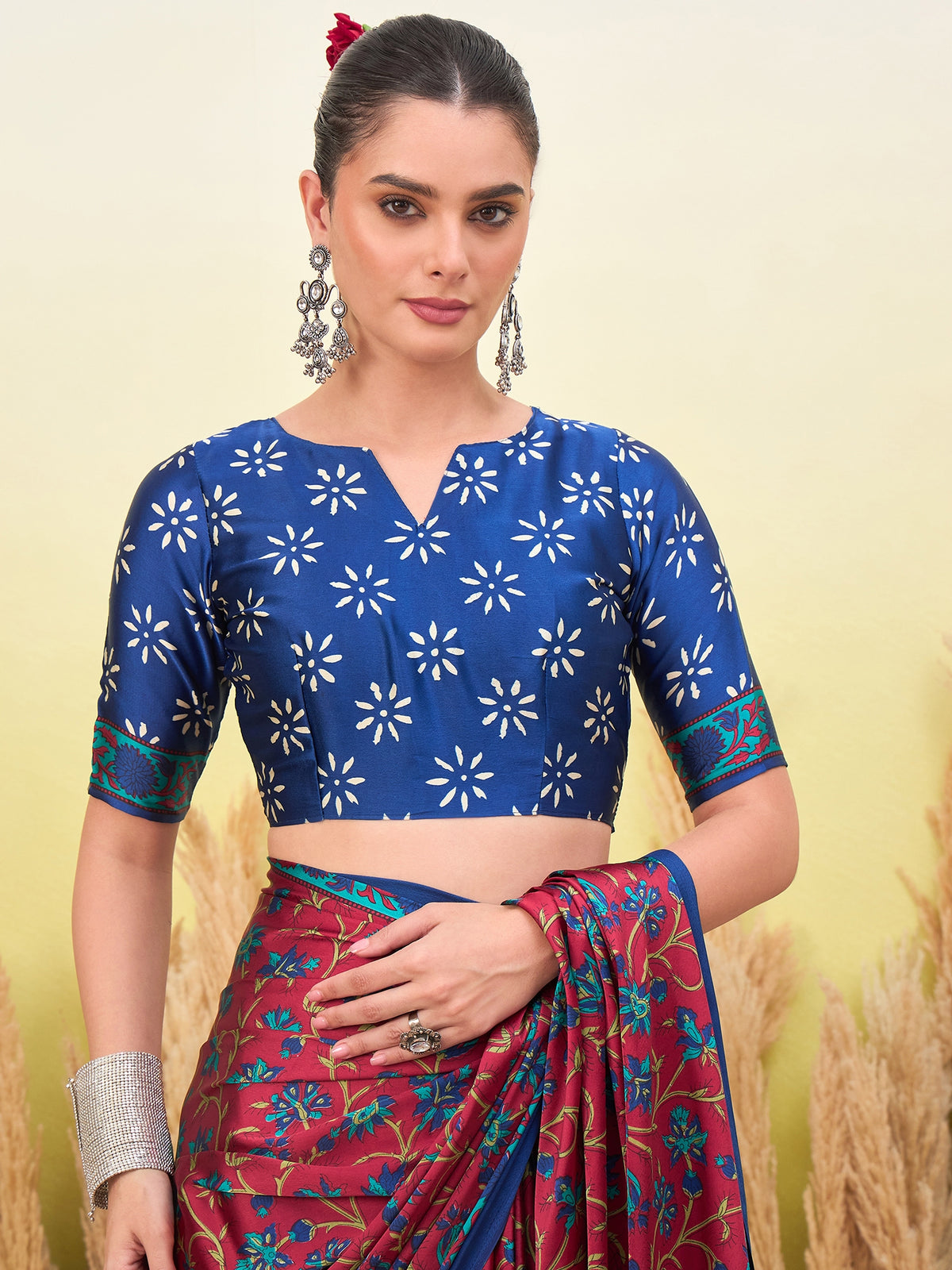 Flora Semi Modal Ready To Wear Pocket Saree | Red & Blue
