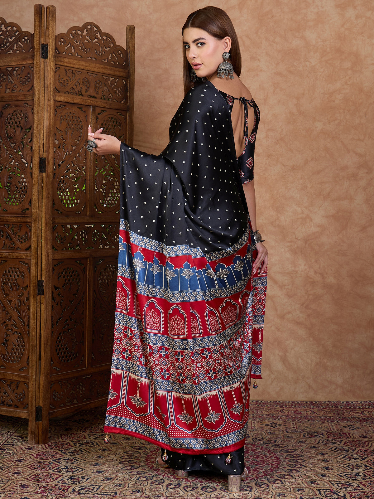 Iris Semi Modal Ready To Wear Pocket Saree | Black