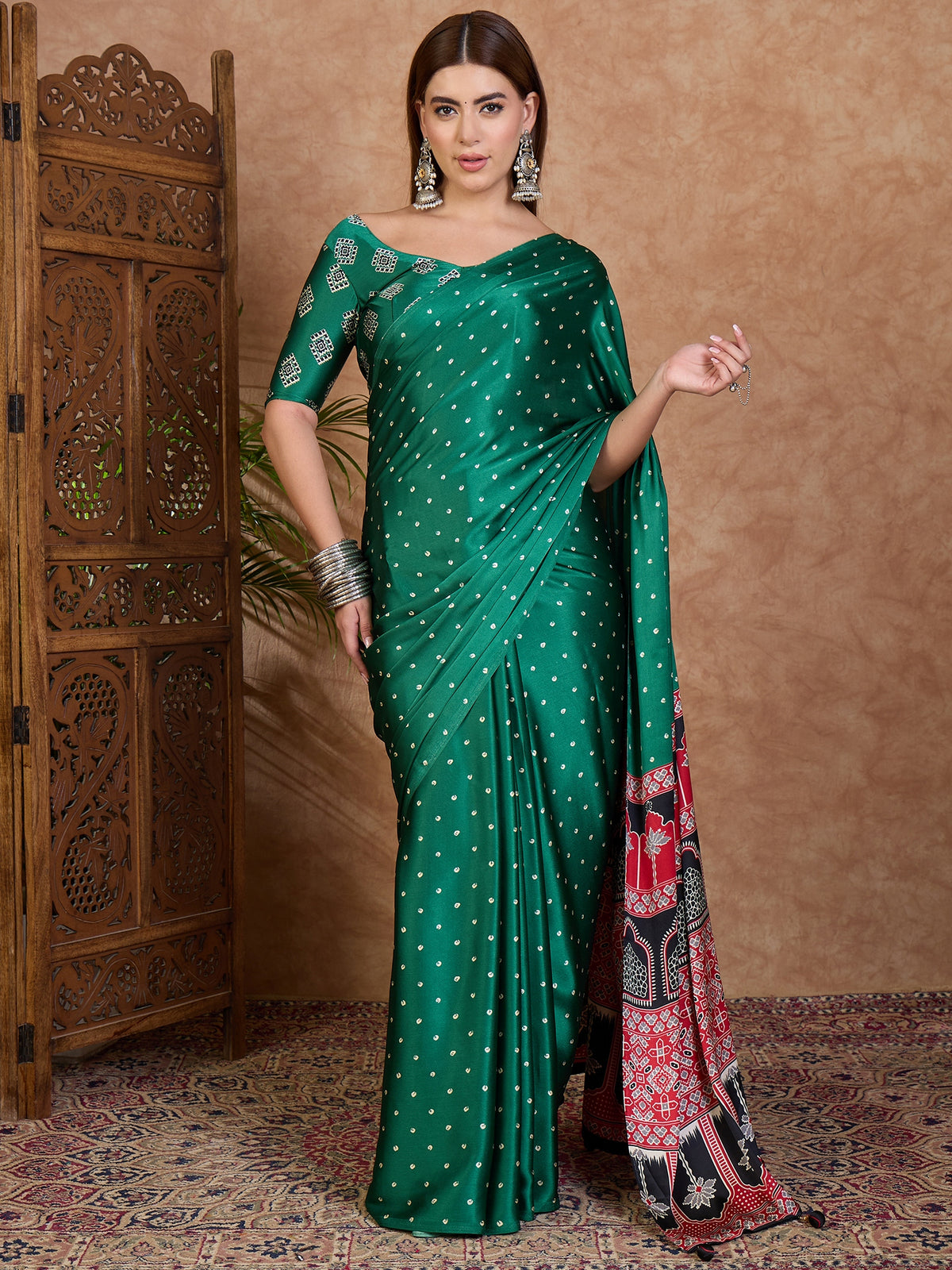 Iris Semi Modal Ready To Wear Pocket Saree | Green