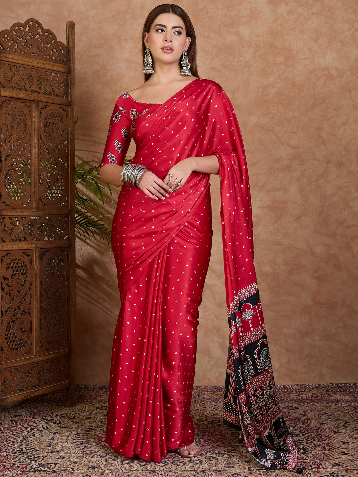 Iris Semi Modal Ready To Wear Pocket Saree | Red