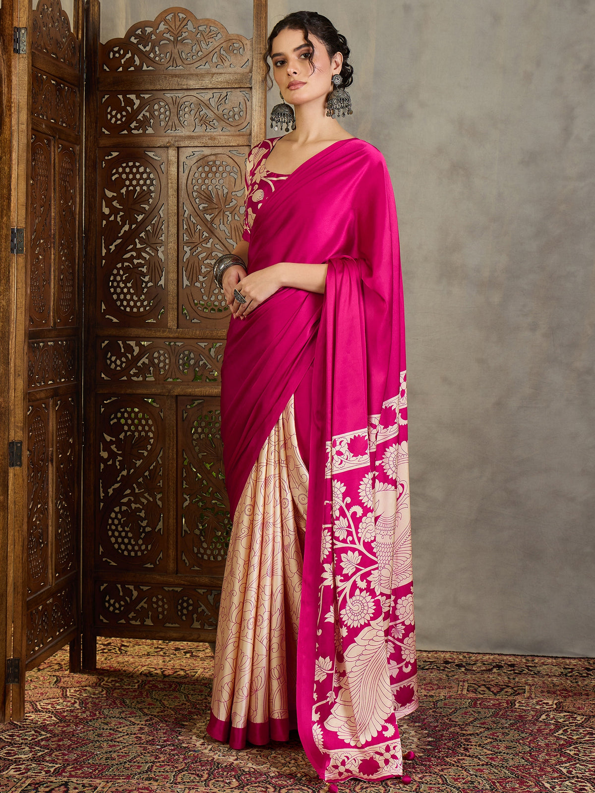 Suvarna Semi Modal Ready To Wear Pocket Saree | Pink