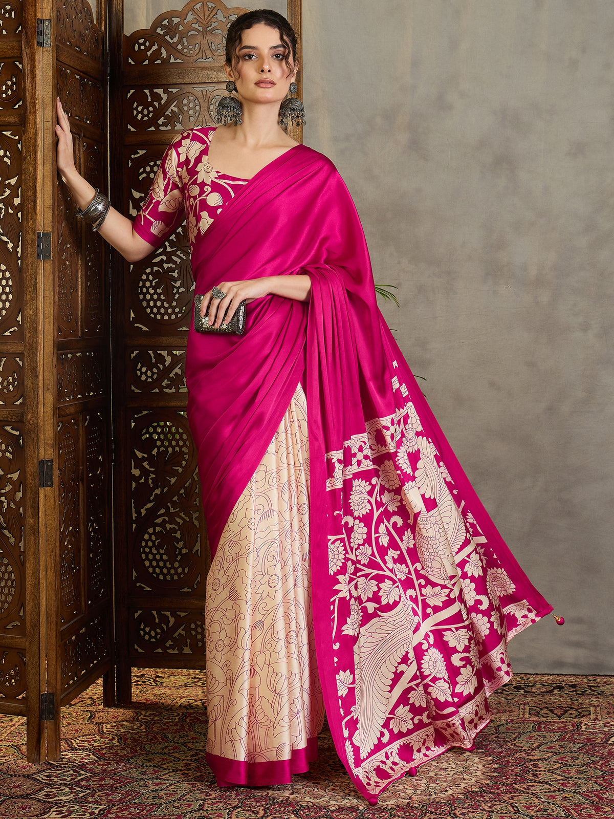 Suvarna Semi Modal Ready To Wear Pocket Saree | Pink