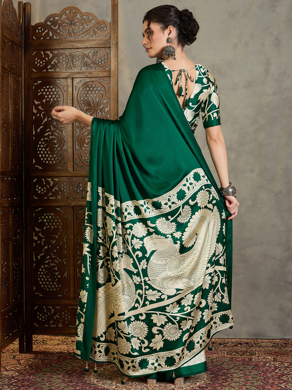 Suvarna Semi Modal Ready To Wear Pocket Saree | Green