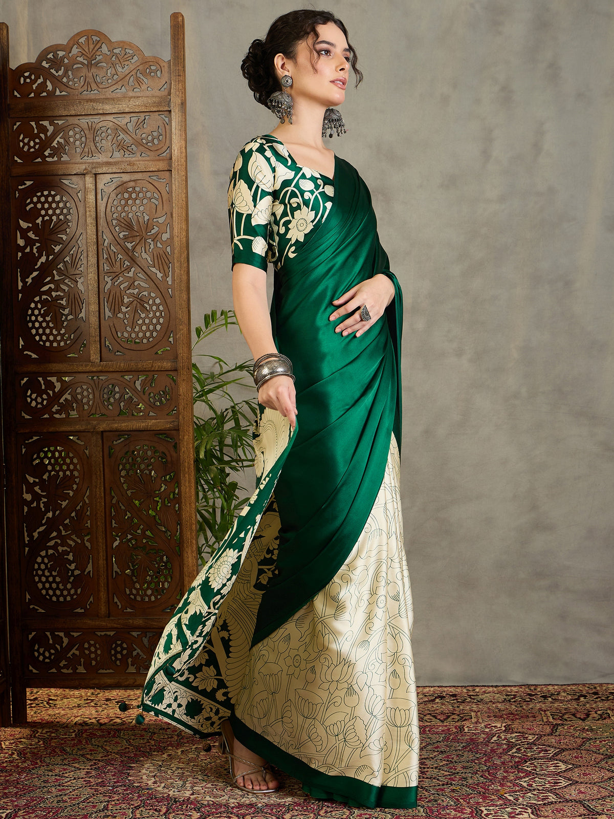 Suvarna Semi Modal Ready To Wear Pocket Saree | Green