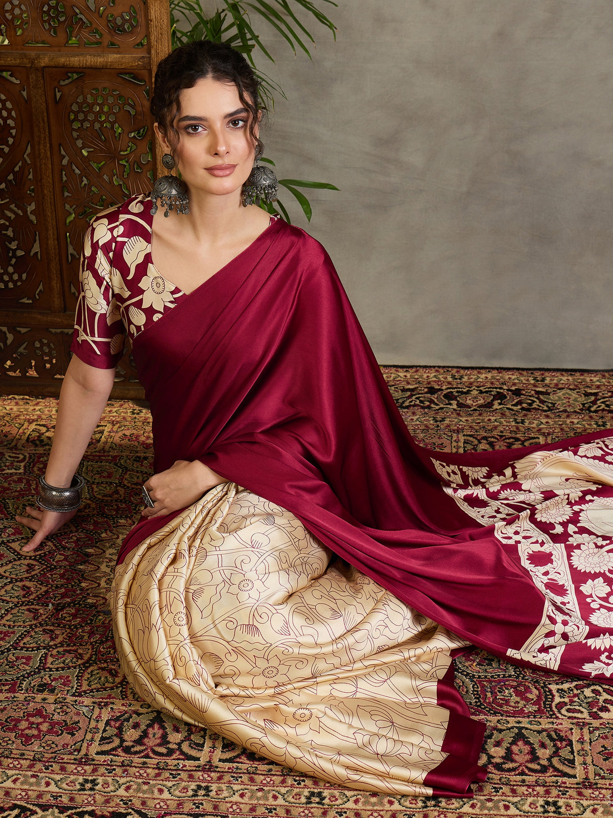 Suvarna Semi Modal Ready To Wear Pocket Saree | Maroon