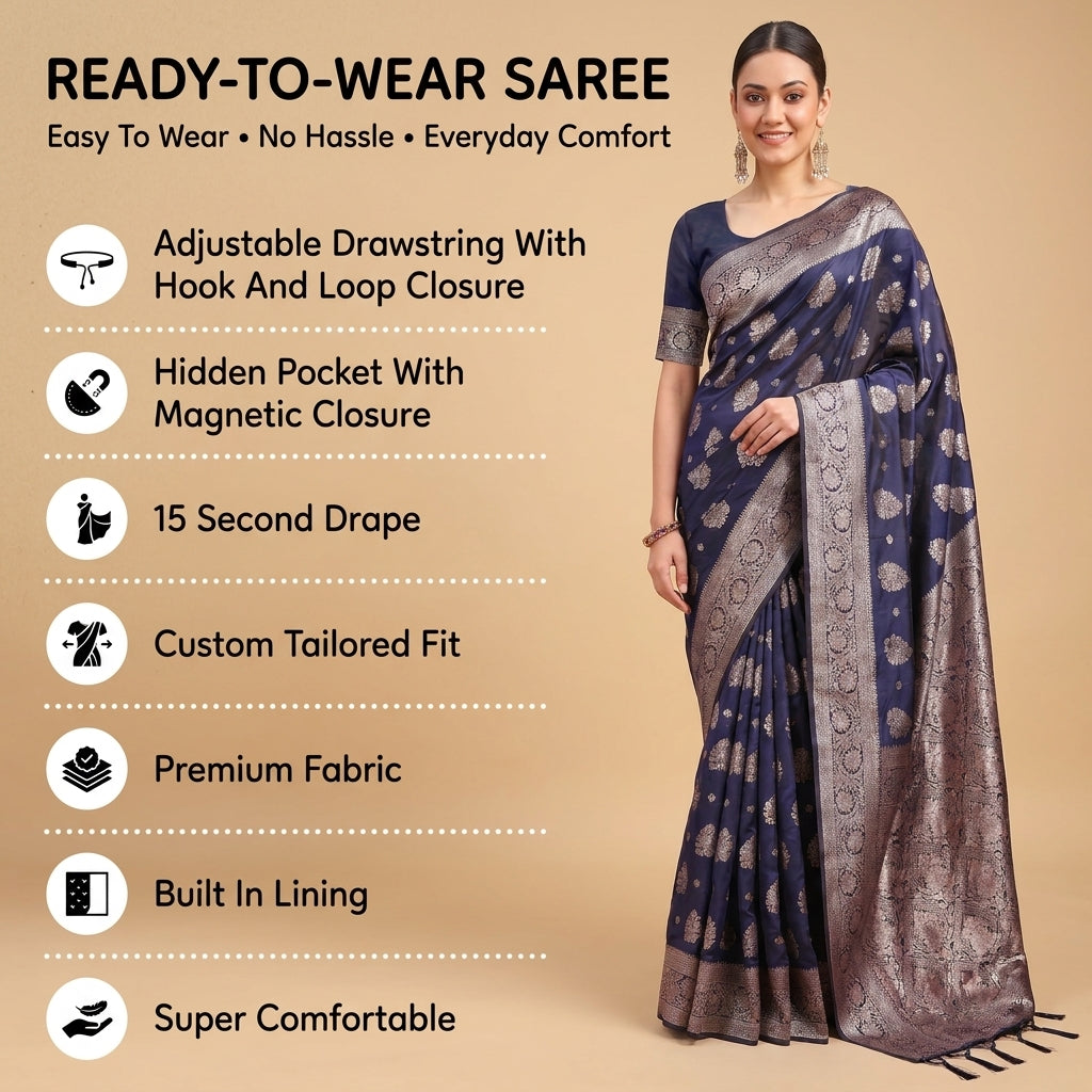Silkspell Navy Blue Ready To Wear Pocket Saree