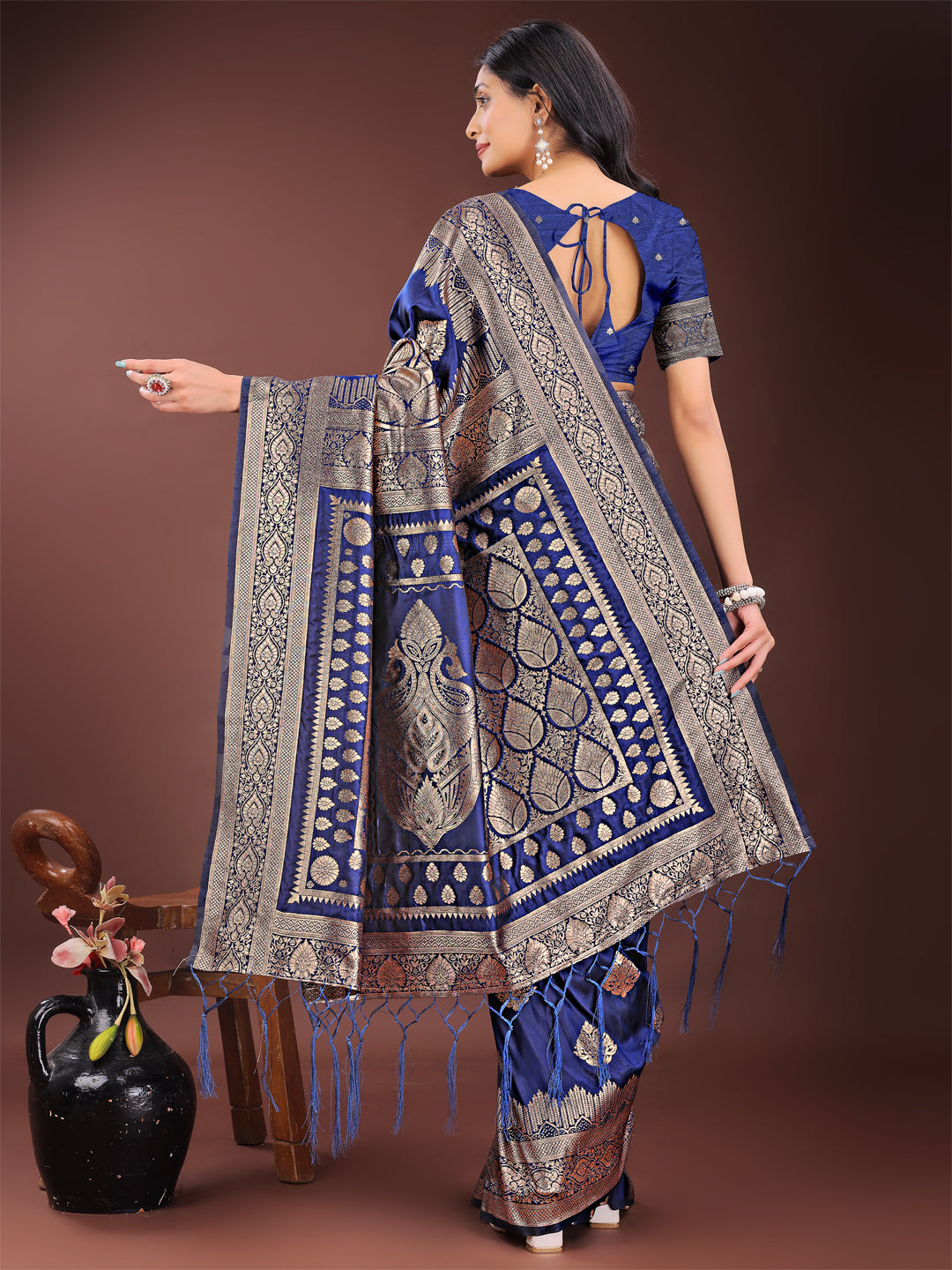Regalia Silk Navy Blue Ready To Wear Pocket Saree