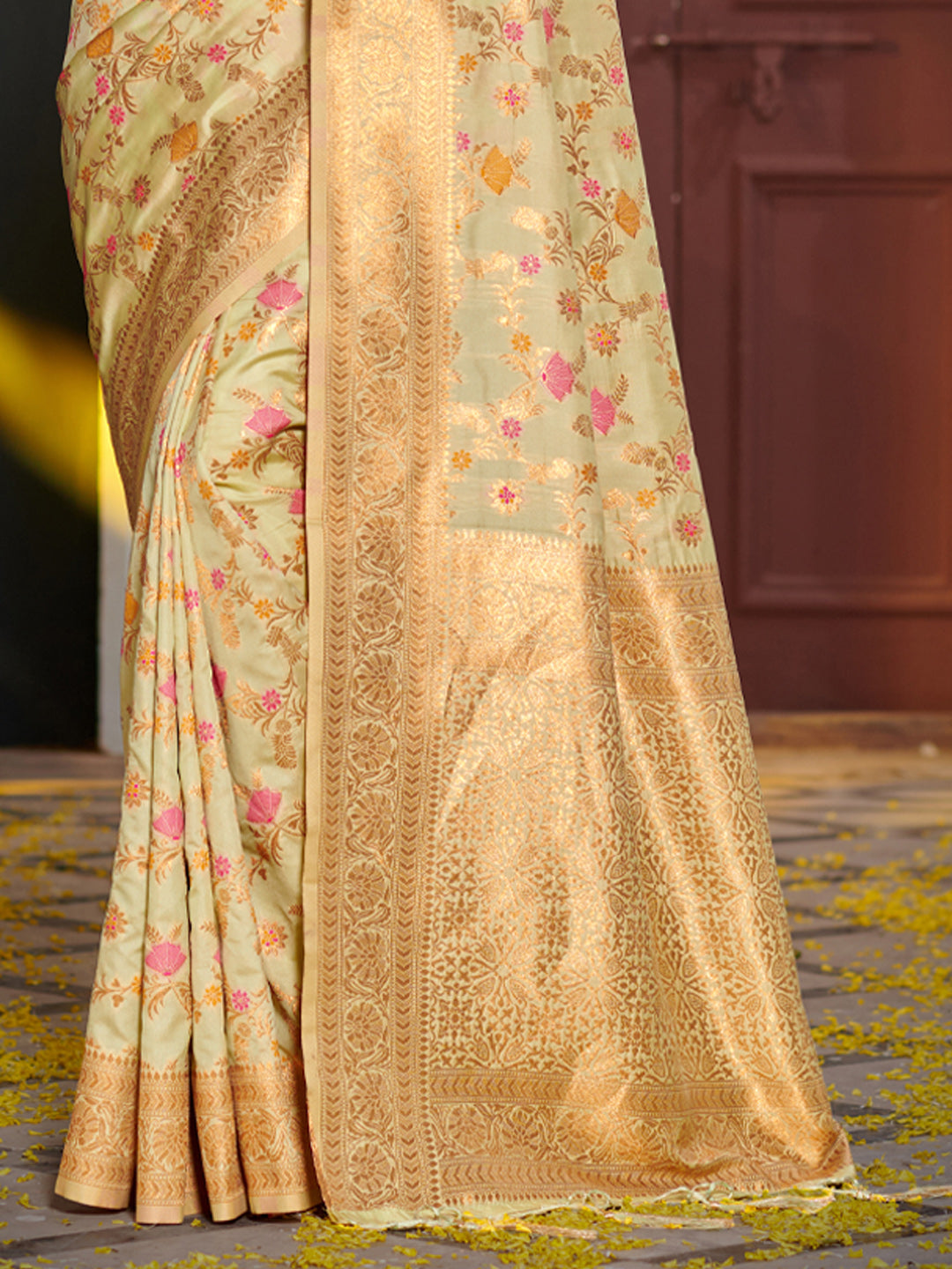 Eternal Flora Banarasi Silk (Pastel Green) Ready To Wear Pocket Saree