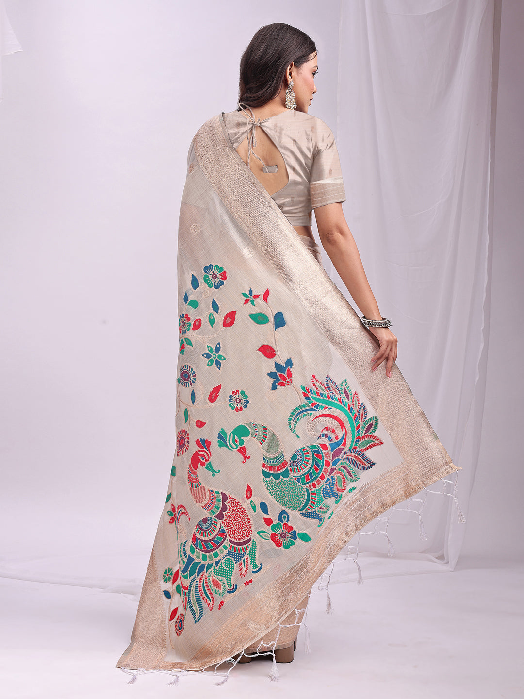Mayurika Linen Cotton (Cream) Ready To Wear Pocket Saree