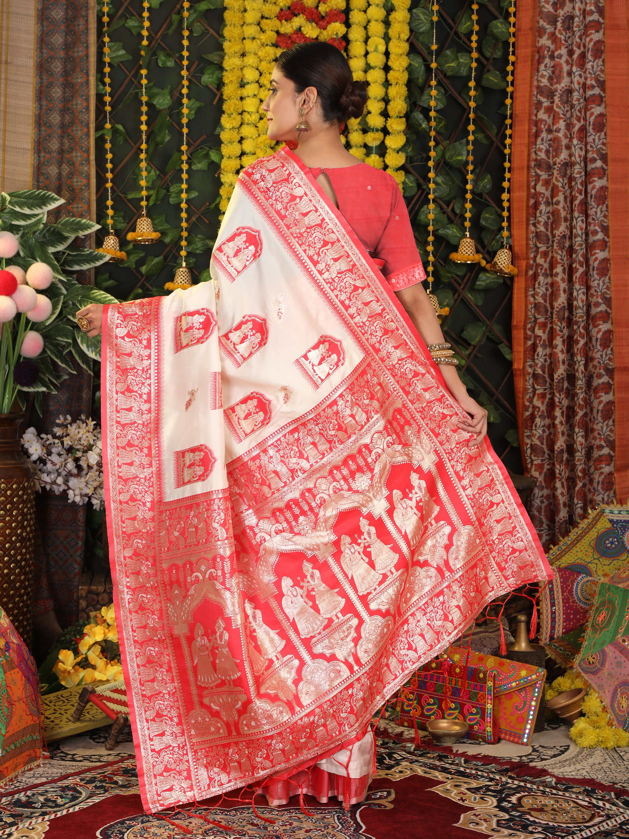 Rajwada Silk White Silk Ready To Wear Pocket Saree