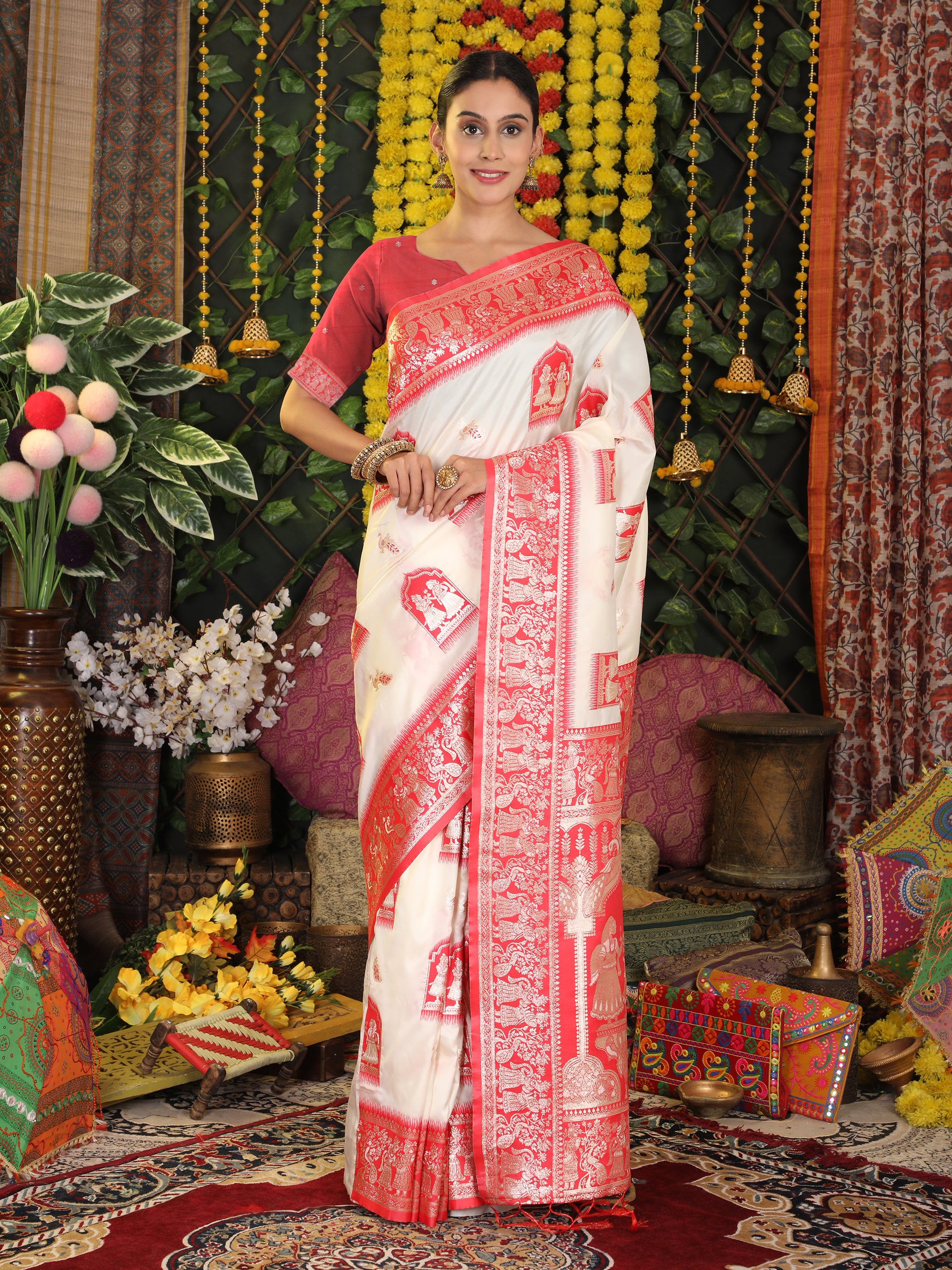 Rajwada Silk White Silk Ready To Wear Pocket Saree