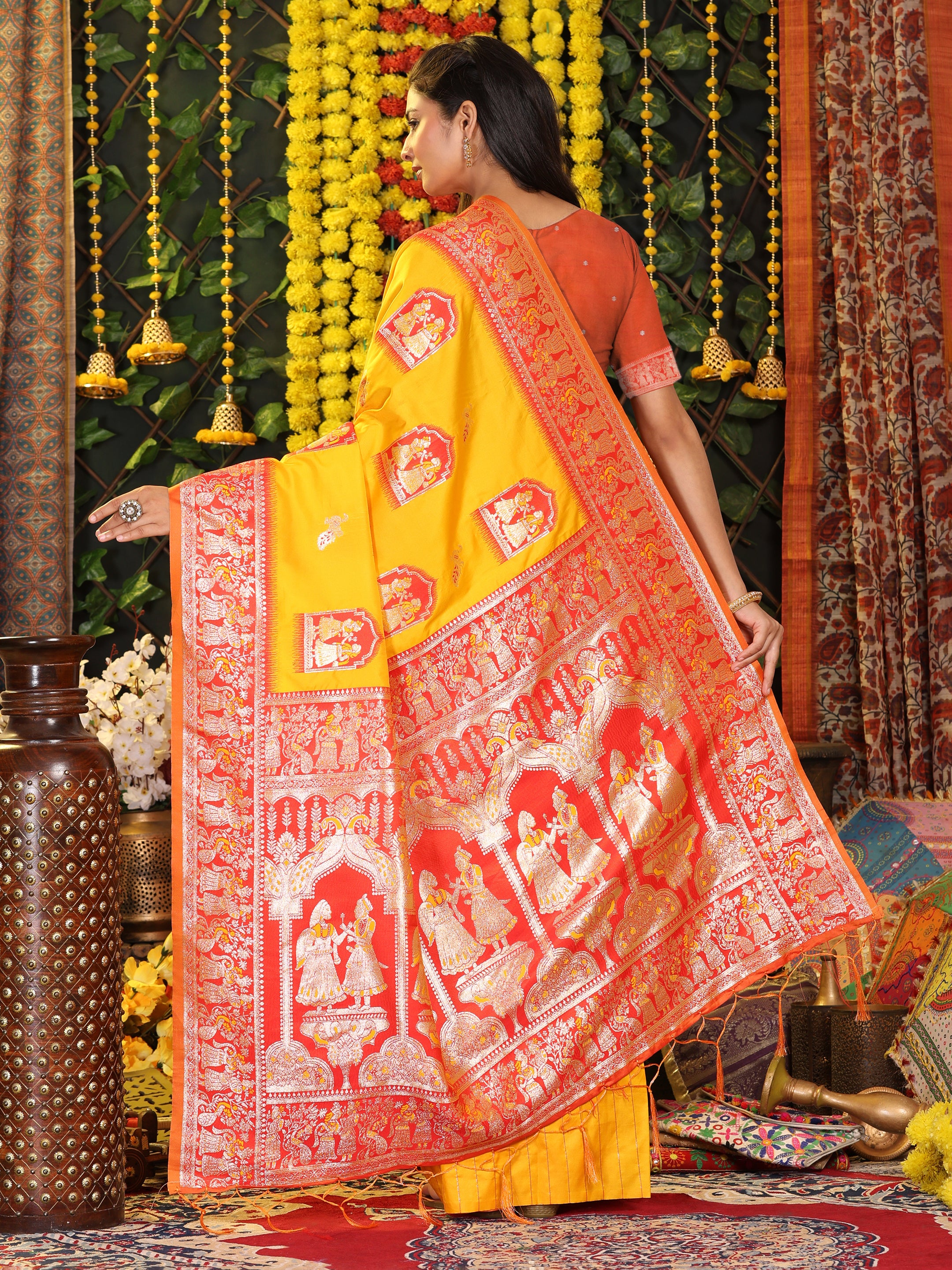 Rajwada Tales Yellow Silk Ready To Wear Pocket Saree