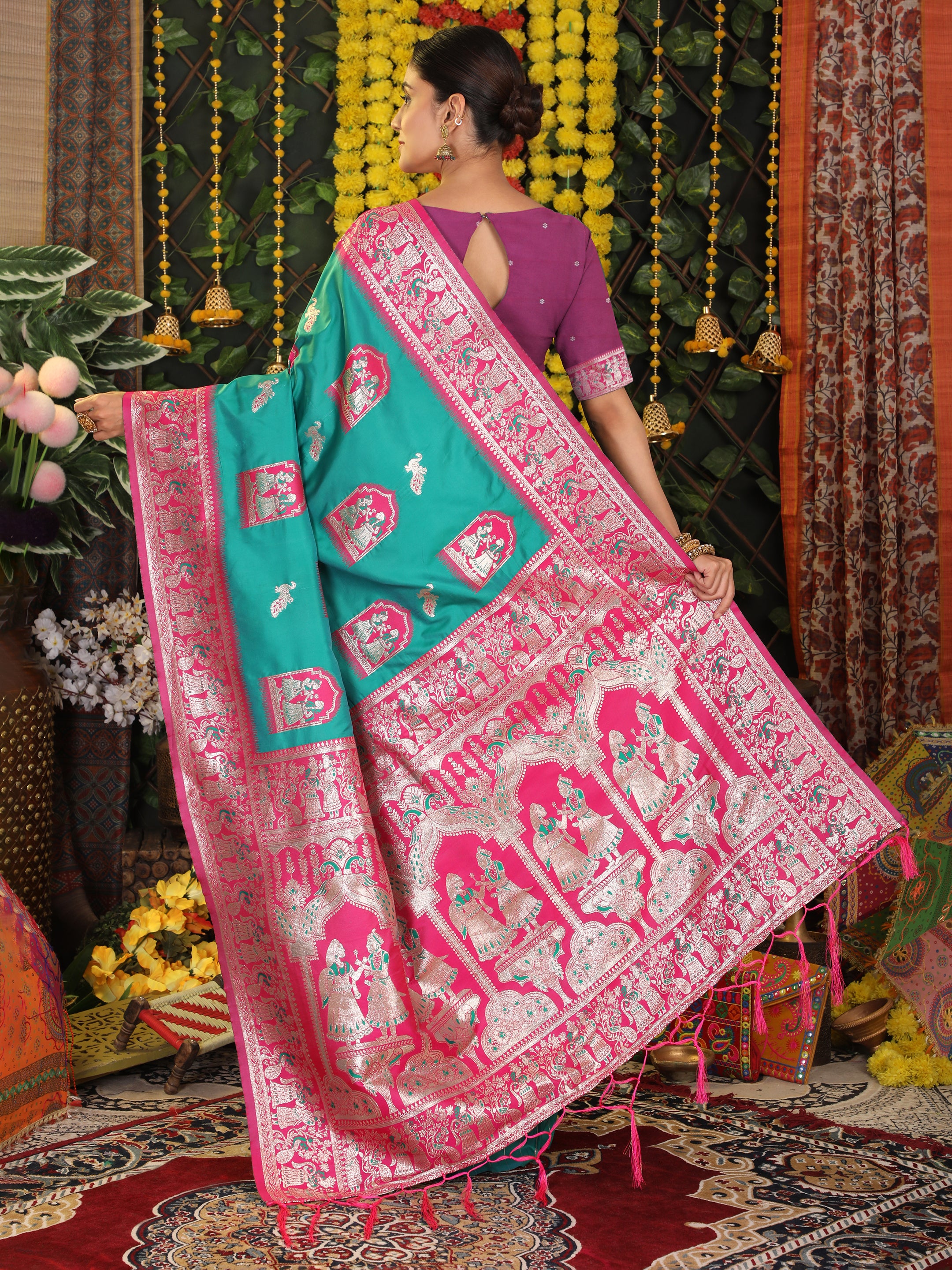 Rajwada Tales Sea Green silk Ready To Wear Pocket Saree