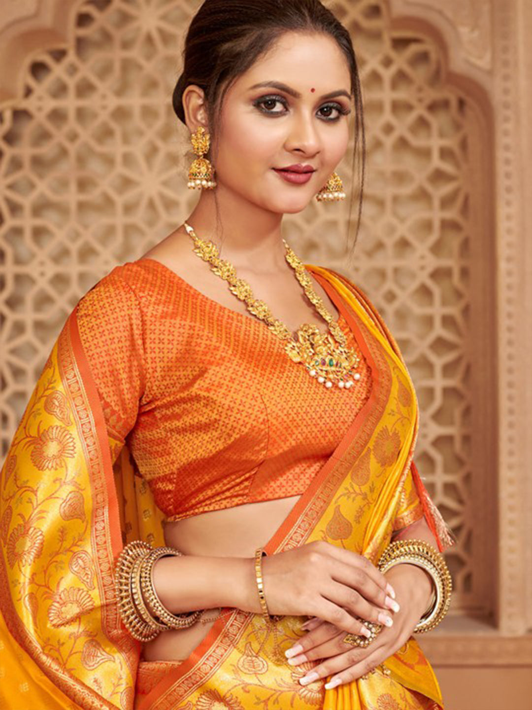 Utsav Glow Yellow Ready To Wear Pocket Saree