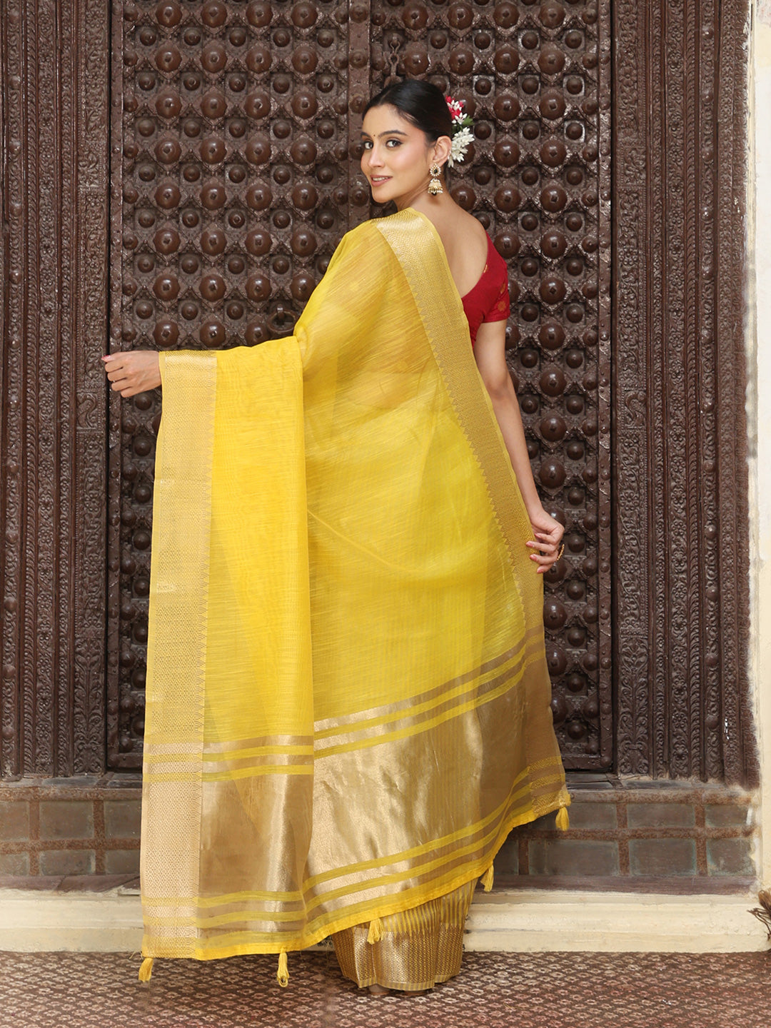 Yellow Cotton Silk Ready To Wear Pocket Saree