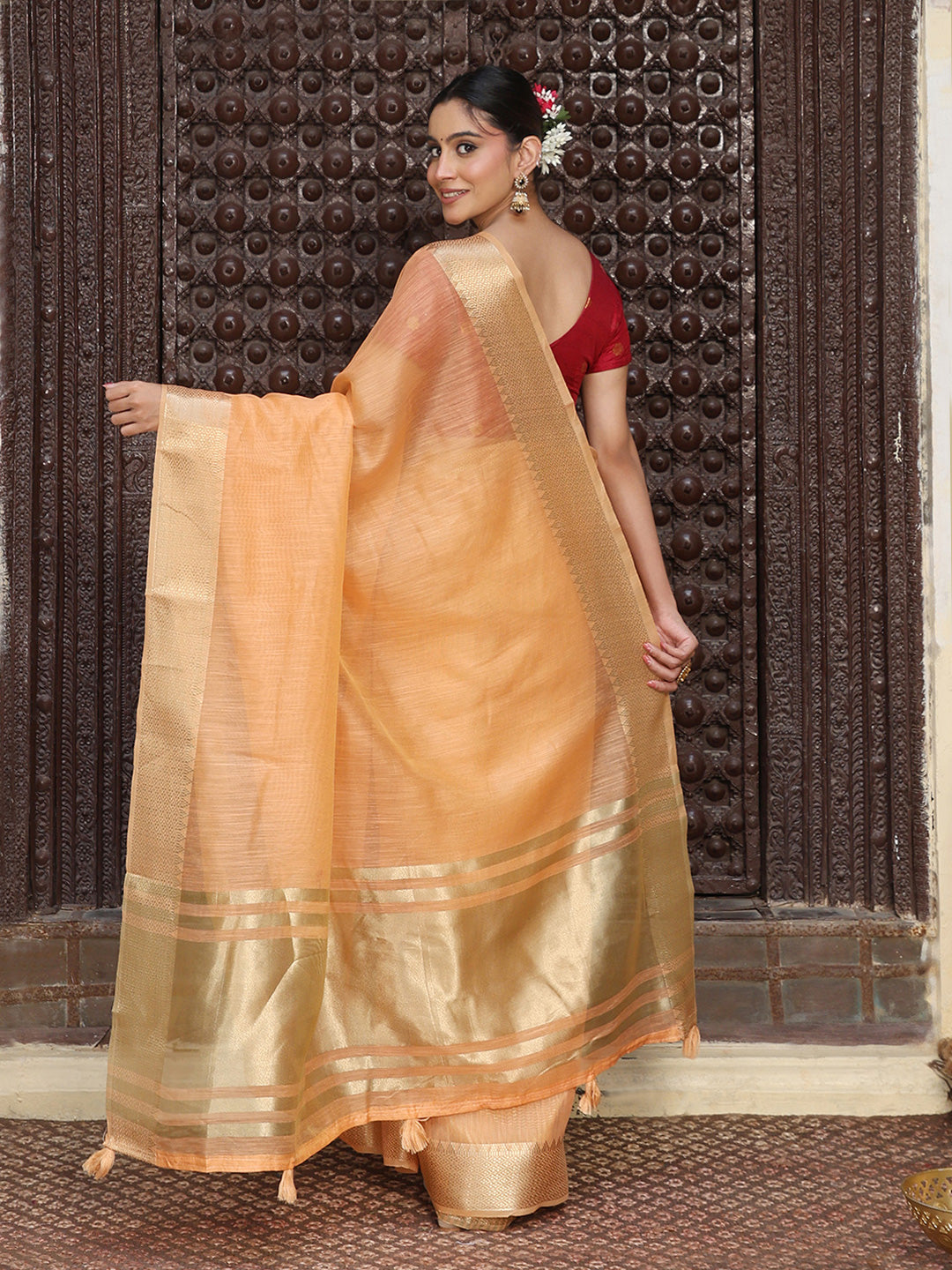 Orange Cotton Silk Ready To Wear Pocket Saree