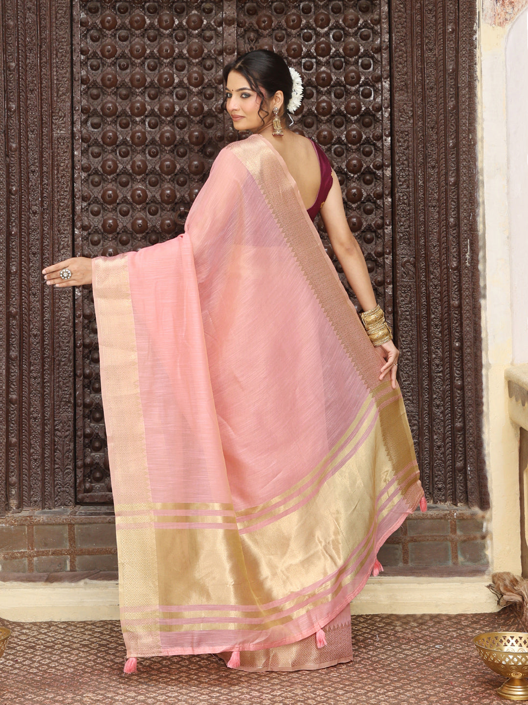 Pink Silk Cotton Ready To Wear Pocket Saree