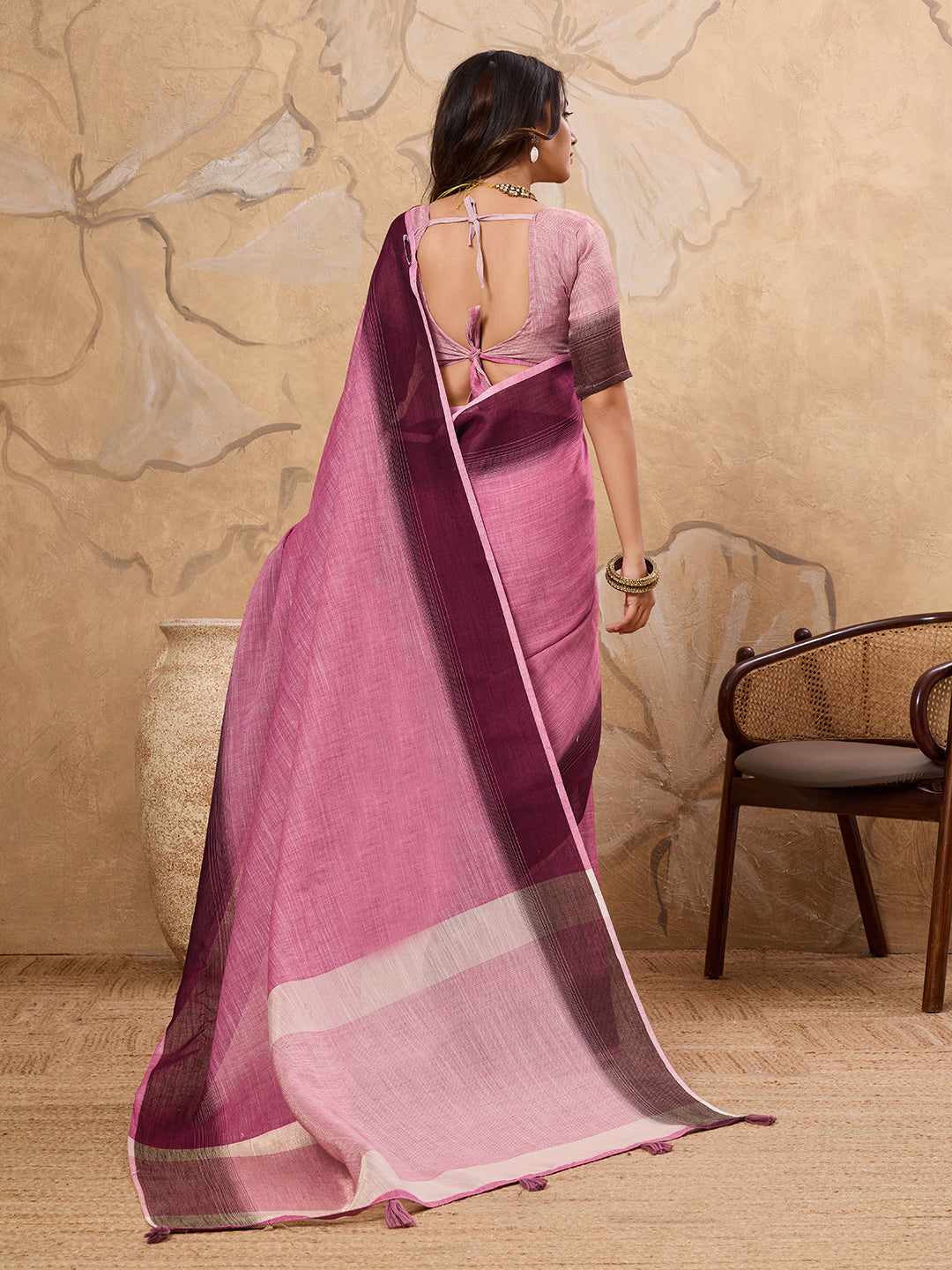 Subtle Charm Linen (Rani Pink) Ready To Wear Pocket Saree