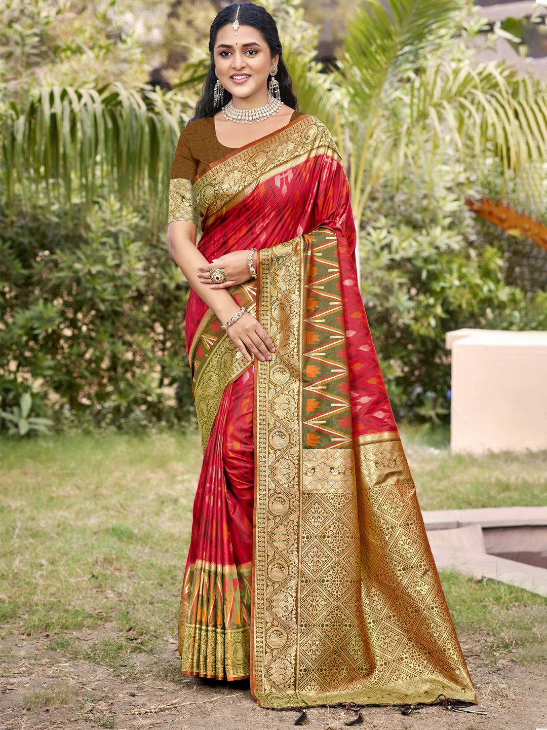 Crimson Ikat Powerloom Silk (D) Ready To Wear Pocket Saree