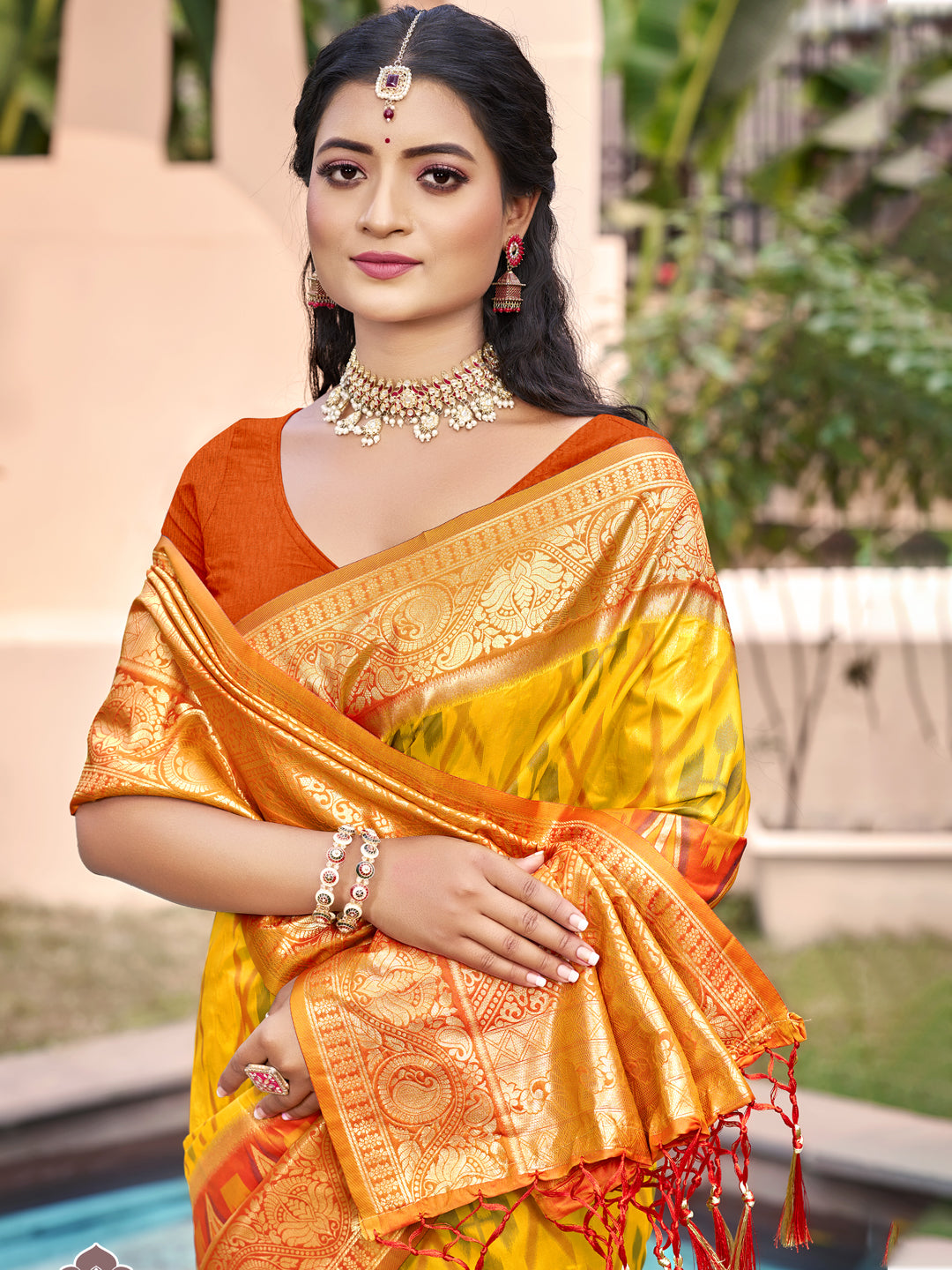 Crimson Ikat Powerloom Silk (B) Ready To Wear Pocket Saree