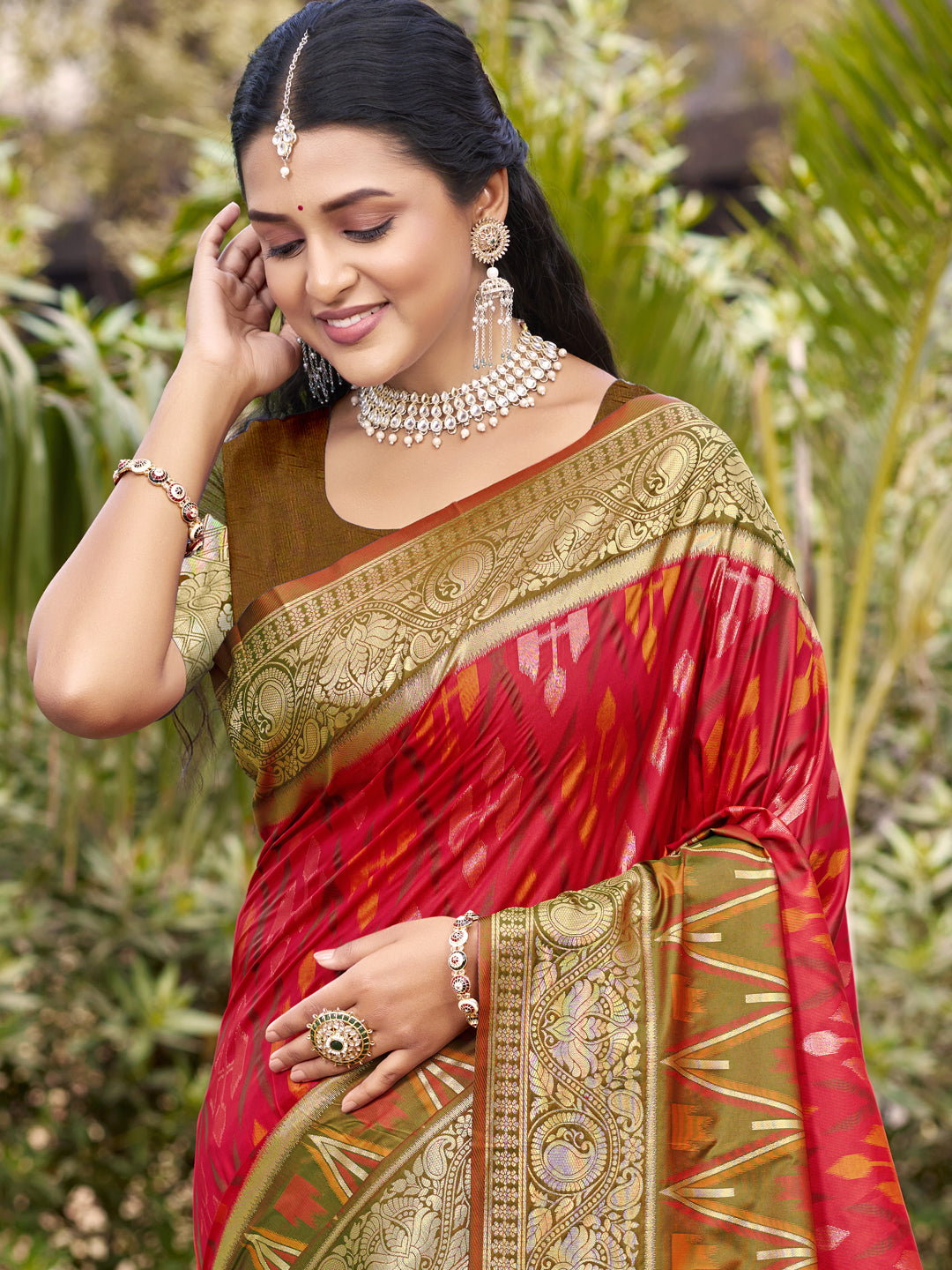 Crimson Ikat Powerloom Silk (D) Ready To Wear Pocket Saree